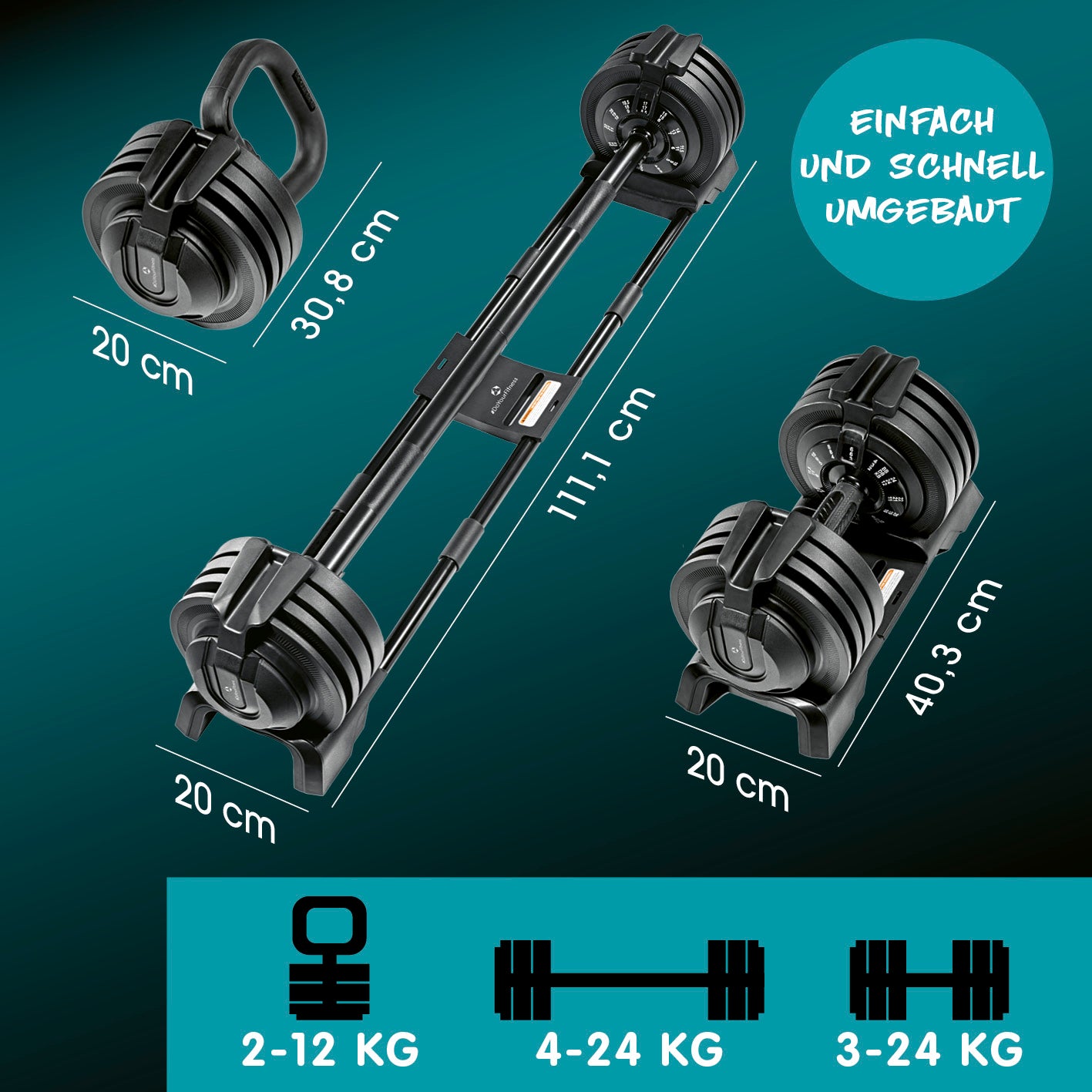 Multifunktionshantel 3in1 Kettlebell, Kurz- & Langhantel, verstellbar 3–24 kg, platzsparend, robust für vielseitiges Ganzkörper-Workout zu Hause.