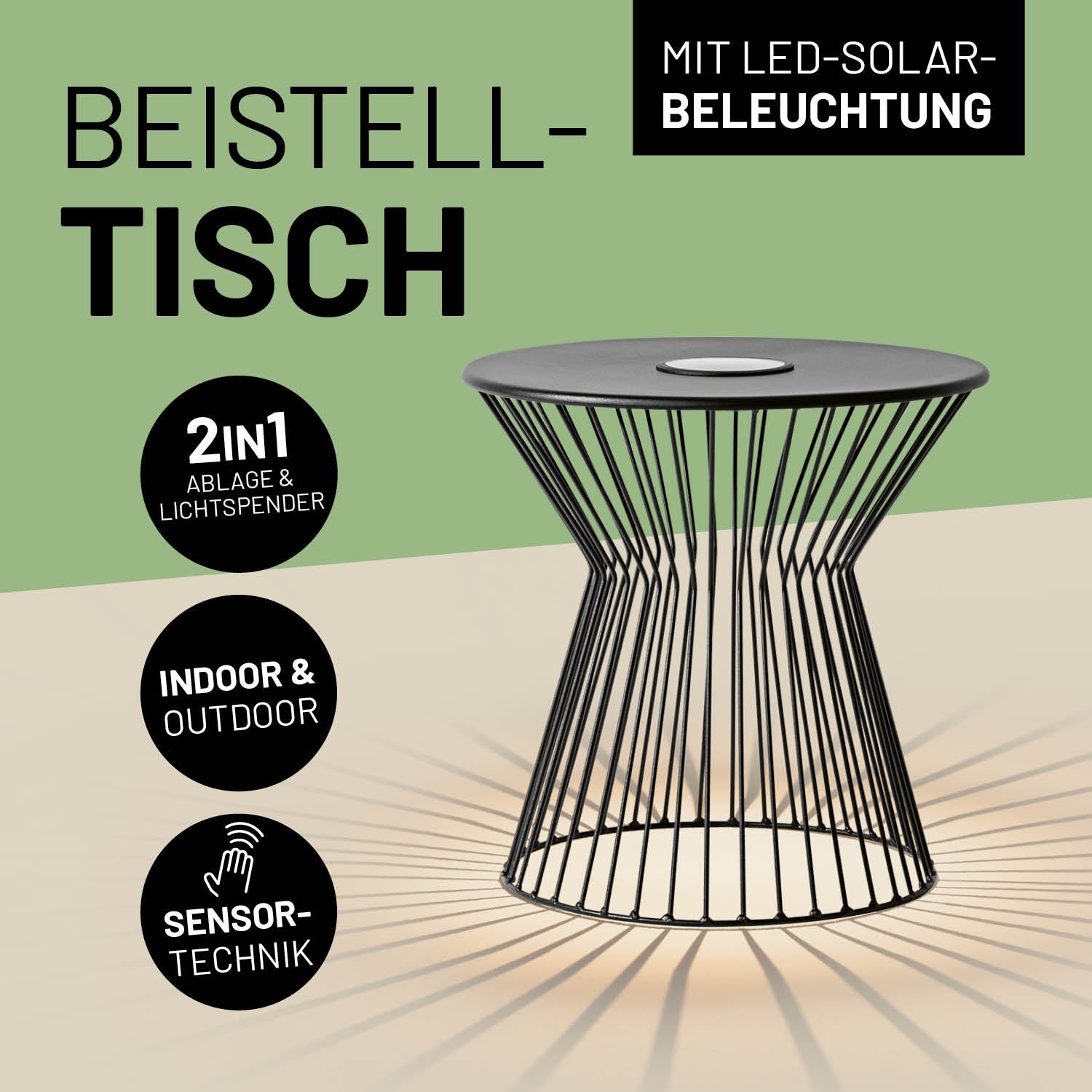 Beistelltisch als 2in1 Ablage und LED-Lichtspender, wetterbeständig, mit Solarbeleuchtung und Sensortechnik für Innen und Außen.