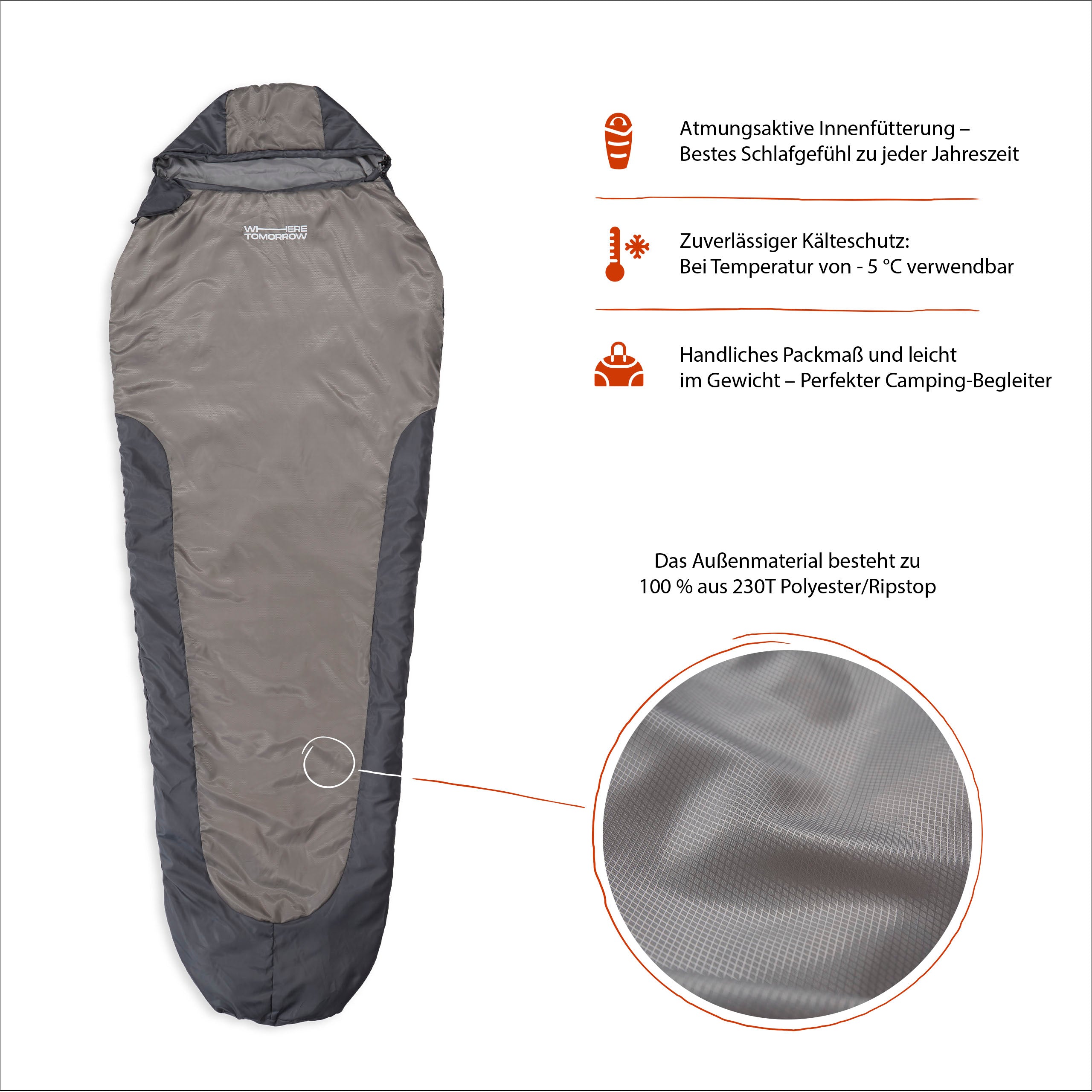 Camping Schlafsack Small & Light mit wasserabweisendem Material, atmungsaktiver Fütterung und Kälteschutz bis -5 °C in Hellgrau.