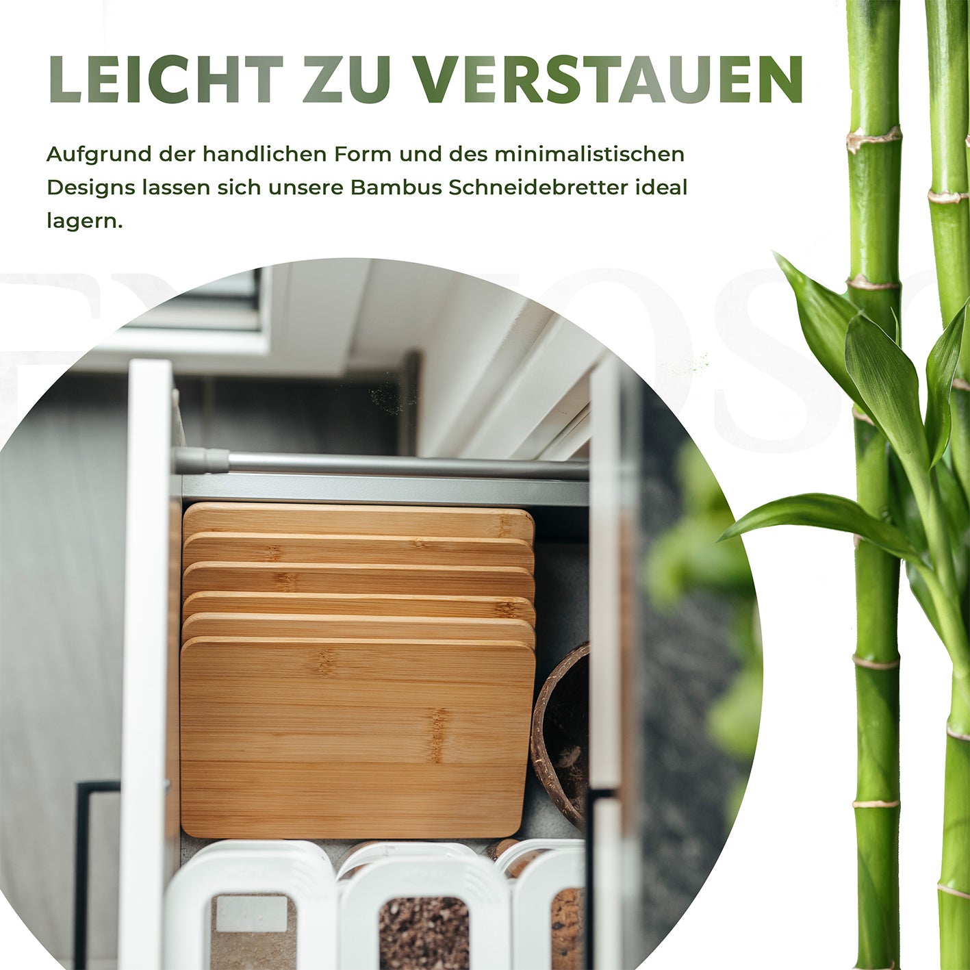 Schneidebretter aus Bambus - 6er-Set stapelbar und platzsparend in Küchenschublade mit minimalistischem Design gelagert.