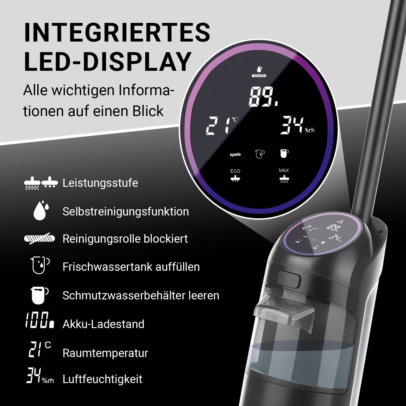 Saugwischer Smart Clean mit integriertem LED-Display zeigt Akku, Modus, Temperatur und Feuchtigkeit auf einen Blick an.