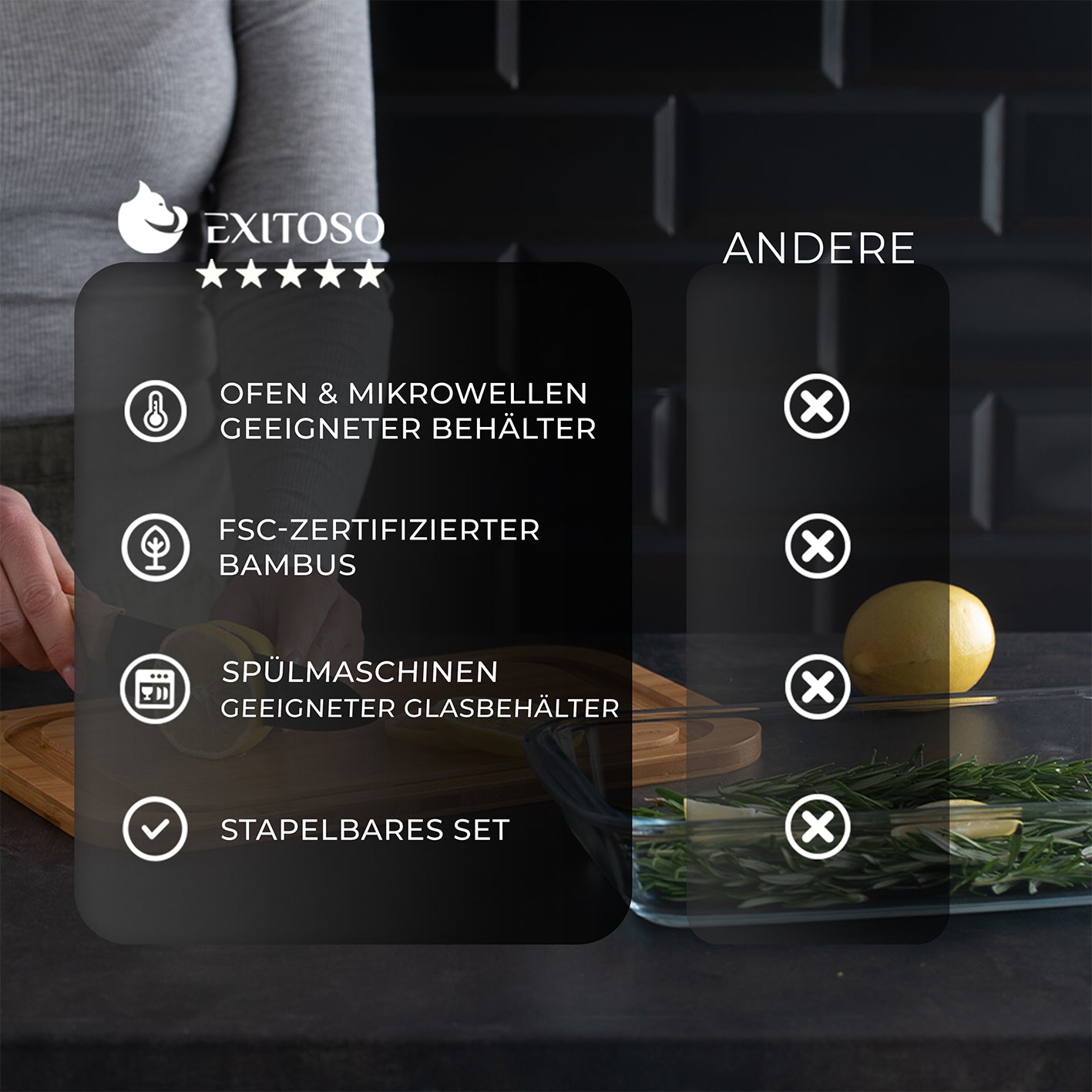 Multifunktionsbrett mit Glaskuppel - 2er Set mit FSC-Bambus, spülmaschinenfest, mikrowellengeeignet und stapelbar für nachhaltige Aufbewahrung.