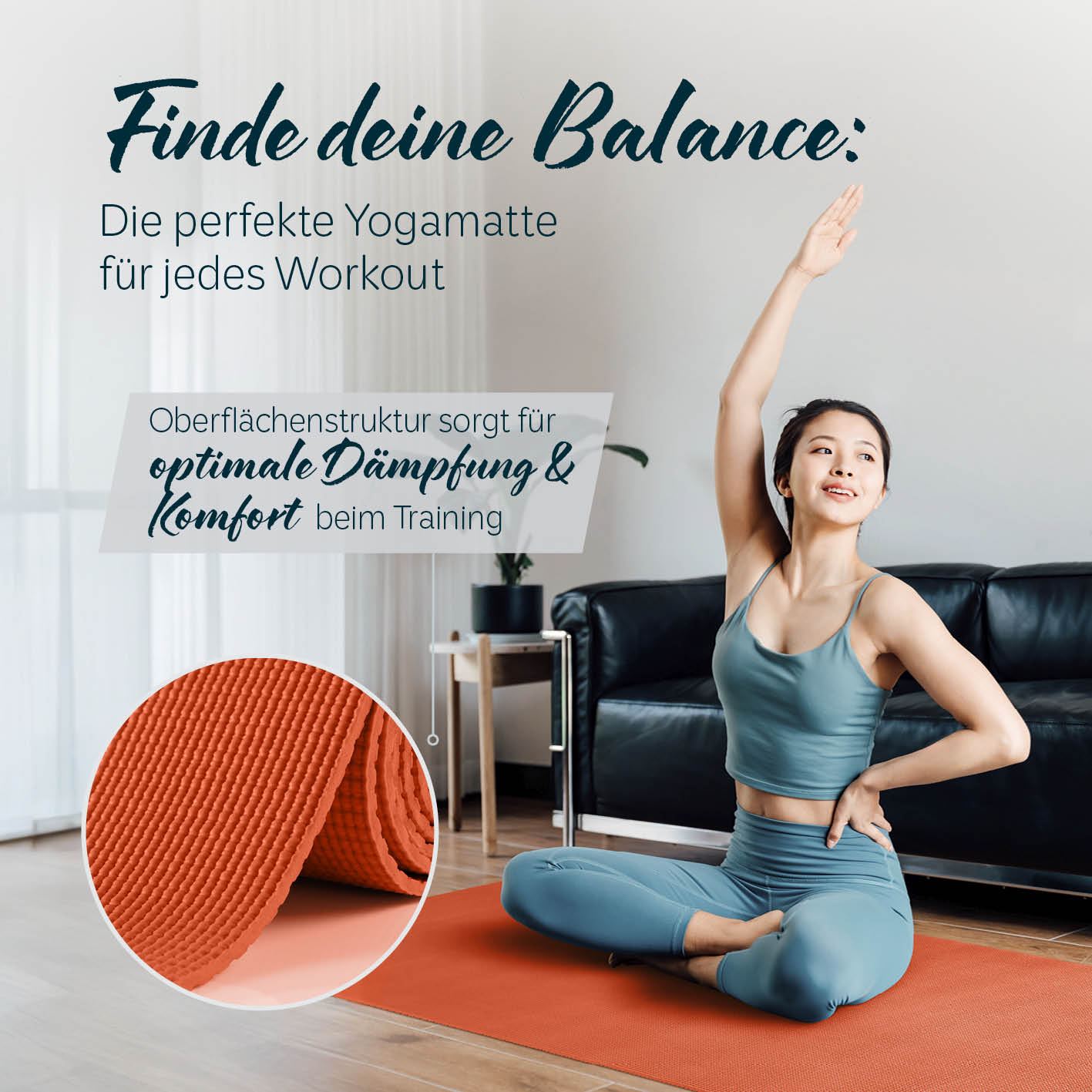 Frau beim Yoga auf der Yogamatte Kirana - 183 x 61 x 0,4 cm - Orange mit weicher Oberfläche für Komfort und Dämpfung
