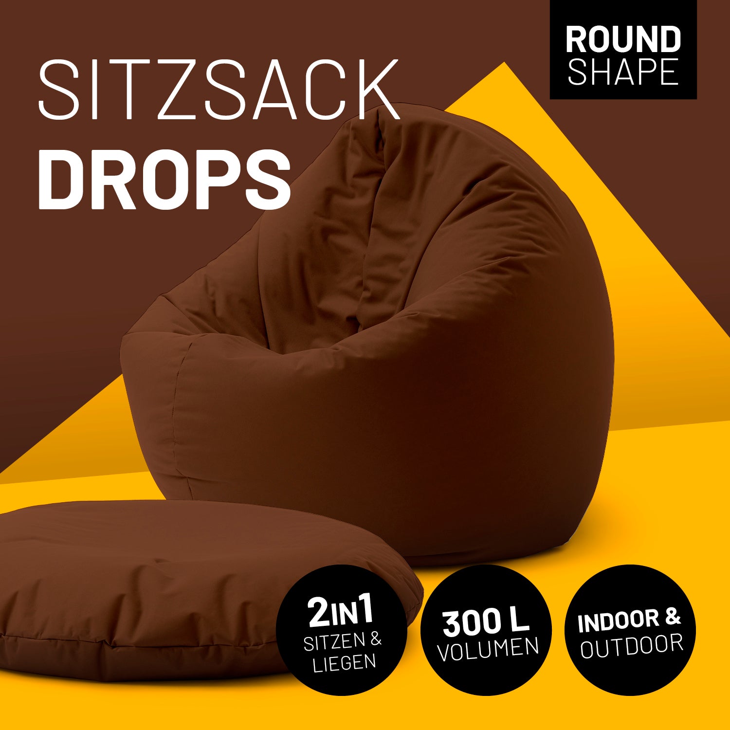 Sitzsack Drops (300 L) - moderner, brauner Sitzsack für drinnen & draußen, bequem, pflegeleicht, mit robusten Nähten und verdecktem Reißverschluss.