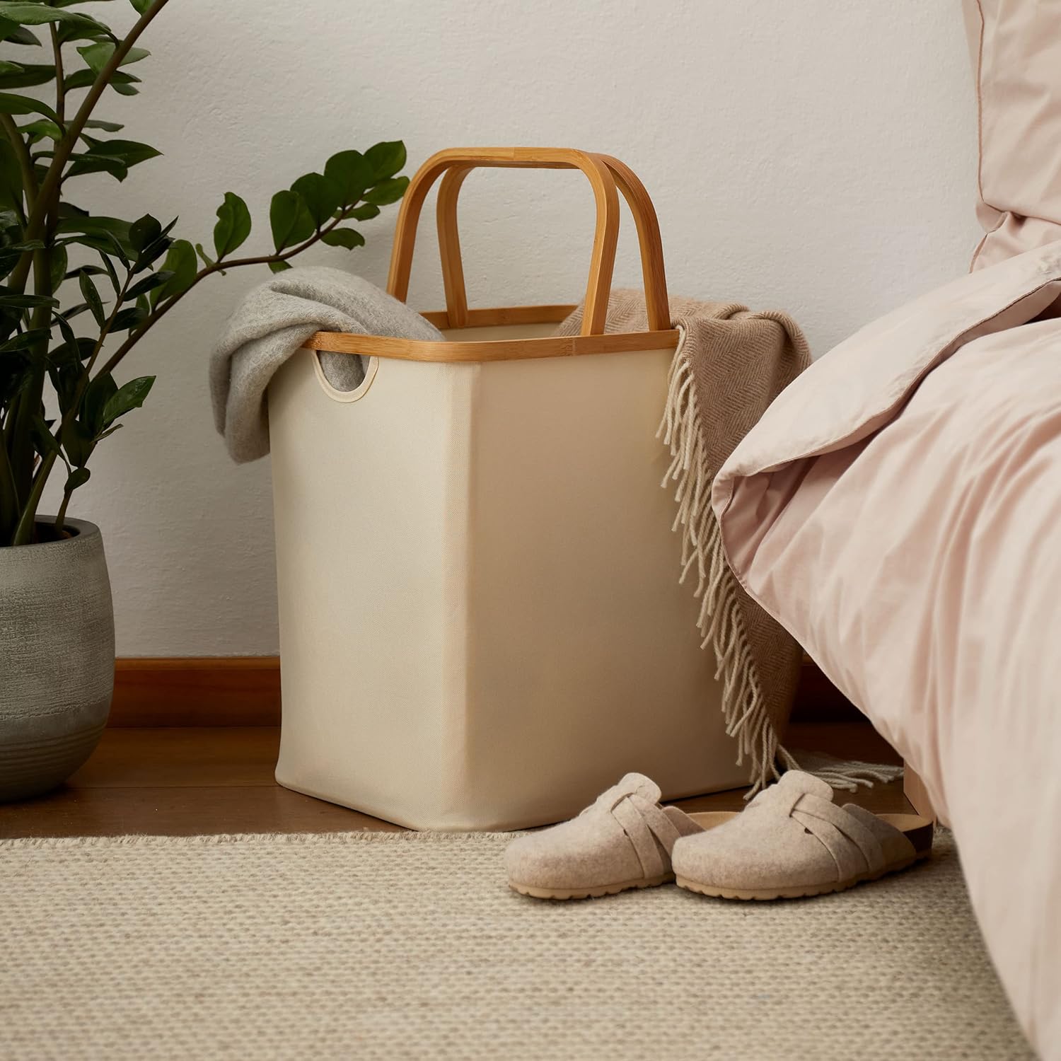 Bambus-Rahmen-Aufbewahrungskorb - 2er-Set - Beige, faltbar, mit Henkel, ideal für Schlafzimmer und Ordnung im Alltag.