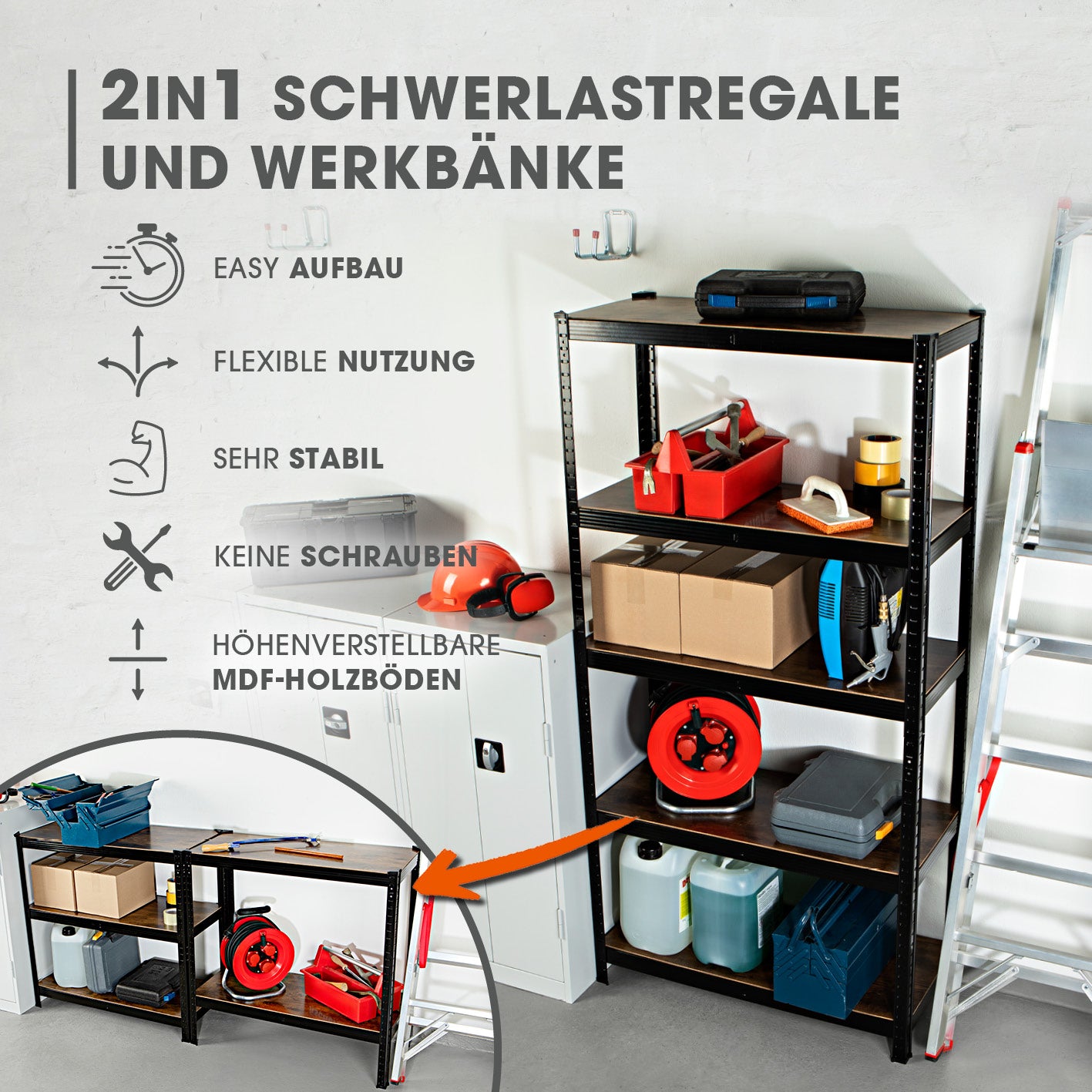 2 in 1 Schwerlastregal & Werkbank - 180 x 90 x 40 cm - Schwarz