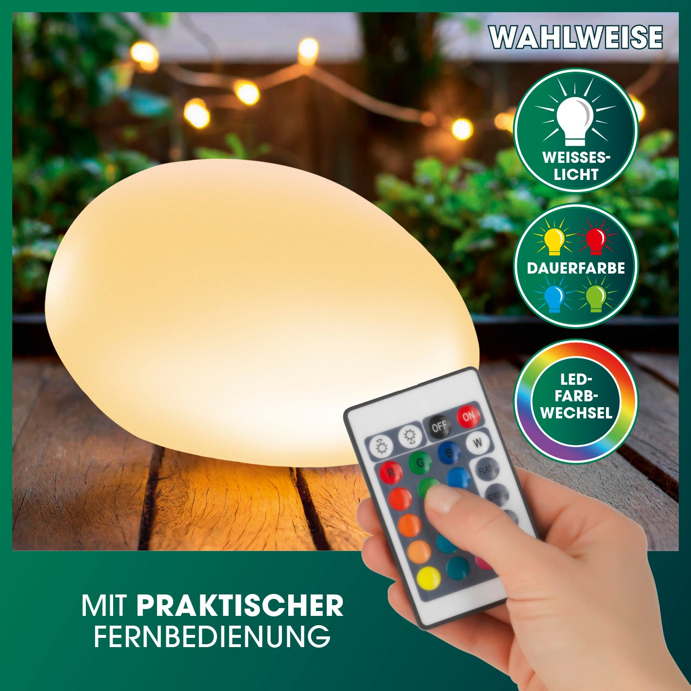 Solar-Leuchten Set Stein flach - 3er-Set mit dimmbarer Fernbedienung, warmweißem Licht und stimmungsvollem LED-Farbwechsel in Stein-Optik.