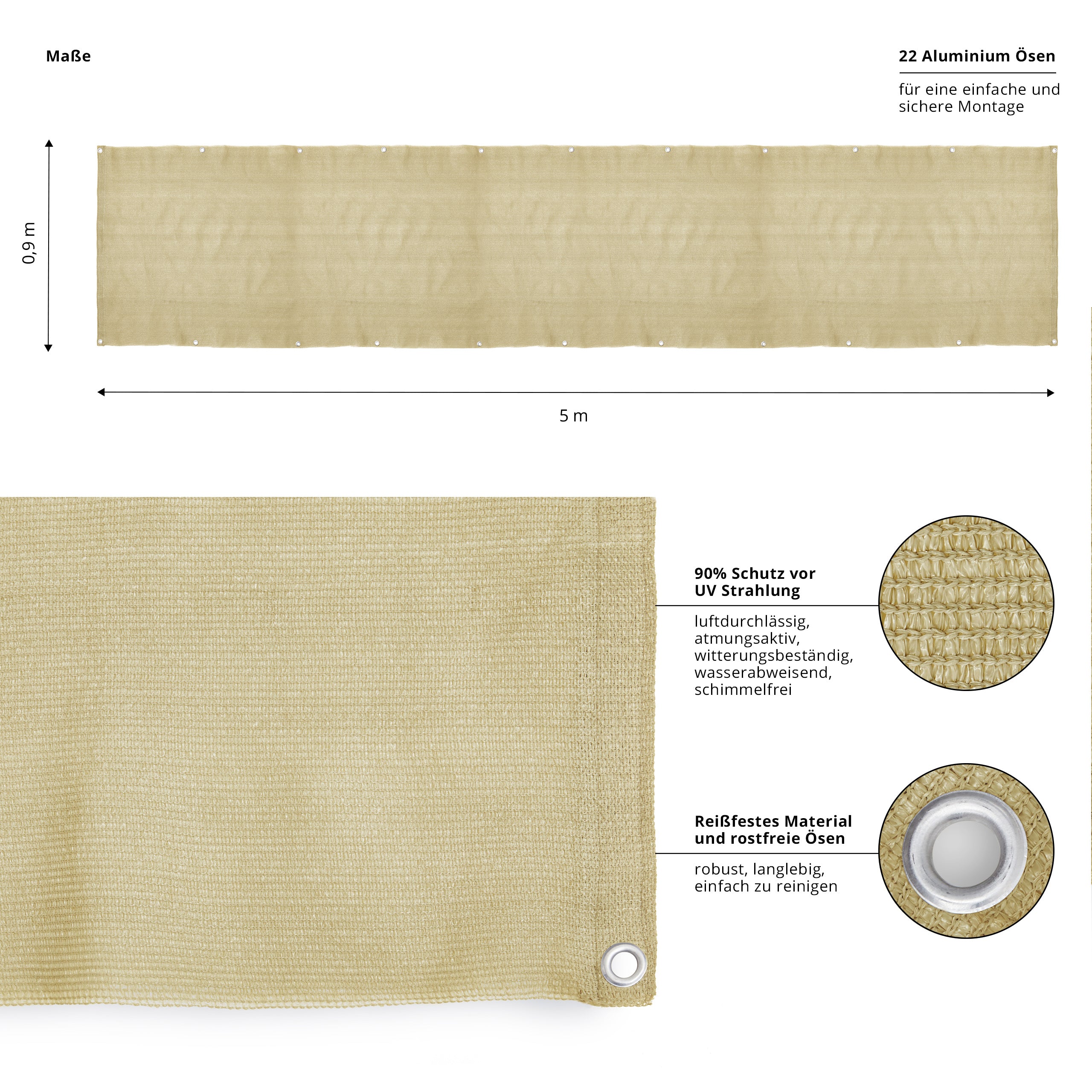 Balkonsichtschutz inkl. Befestigungsseil - 0,9 x 5 m - Sand, reißfestes HDPE mit UV-Schutz und 22 Aluminium-Ösen für sichere Montage.