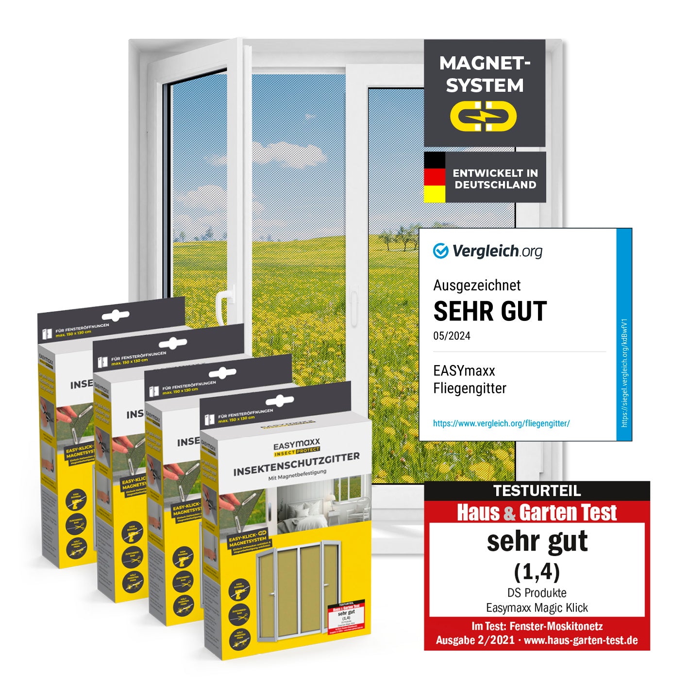 Insektenschutzgitter mit Magnetbefestigung - 4er-Set, einfacher Schutz vor Insekten, Magnet-System, leicht installierbar und rückstandslos entfernbar.