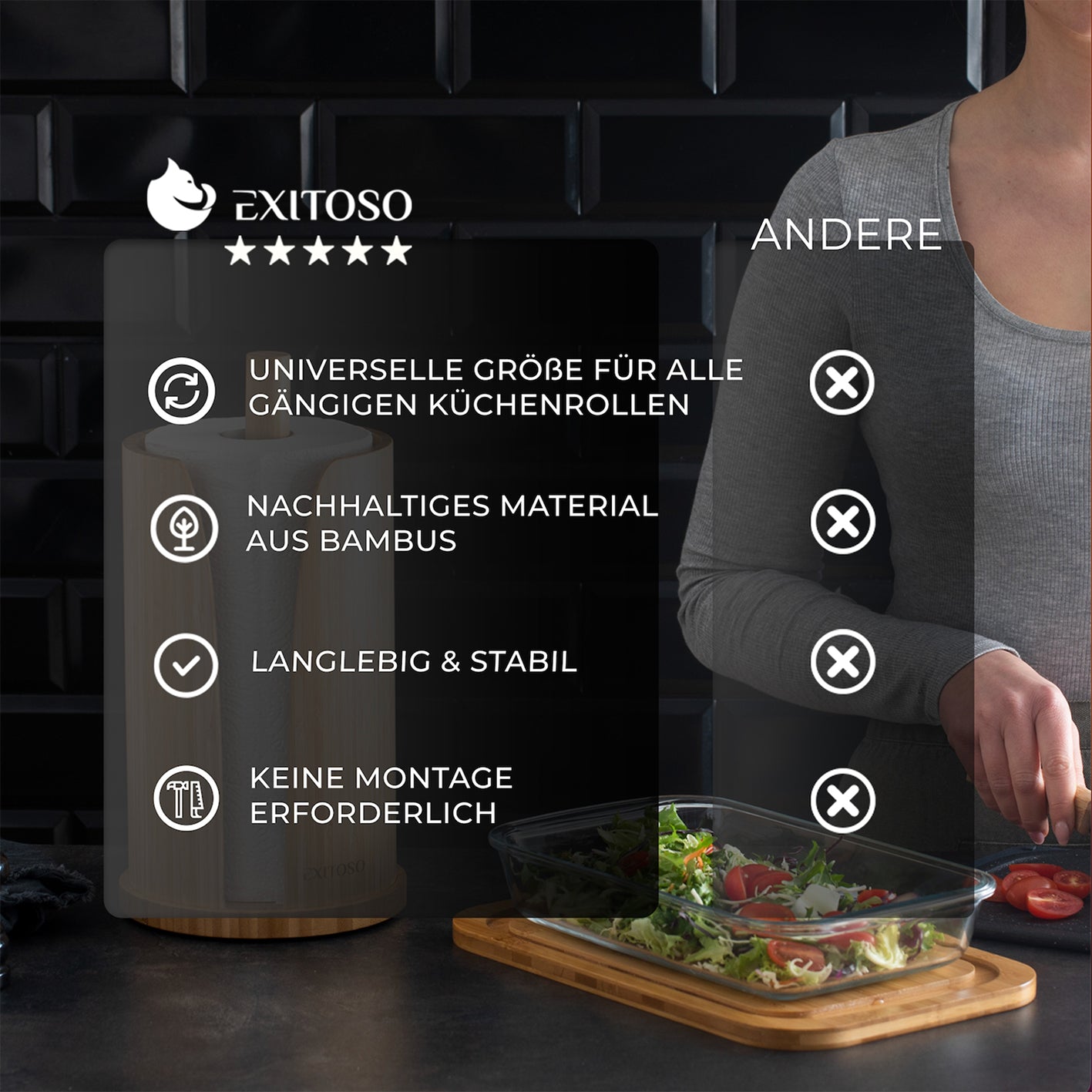 Küchenrollenhalter - Bambus - stehend aus nachhaltigem Bambus, langlebig, stabil und universell passend für alle Küchenrollen.