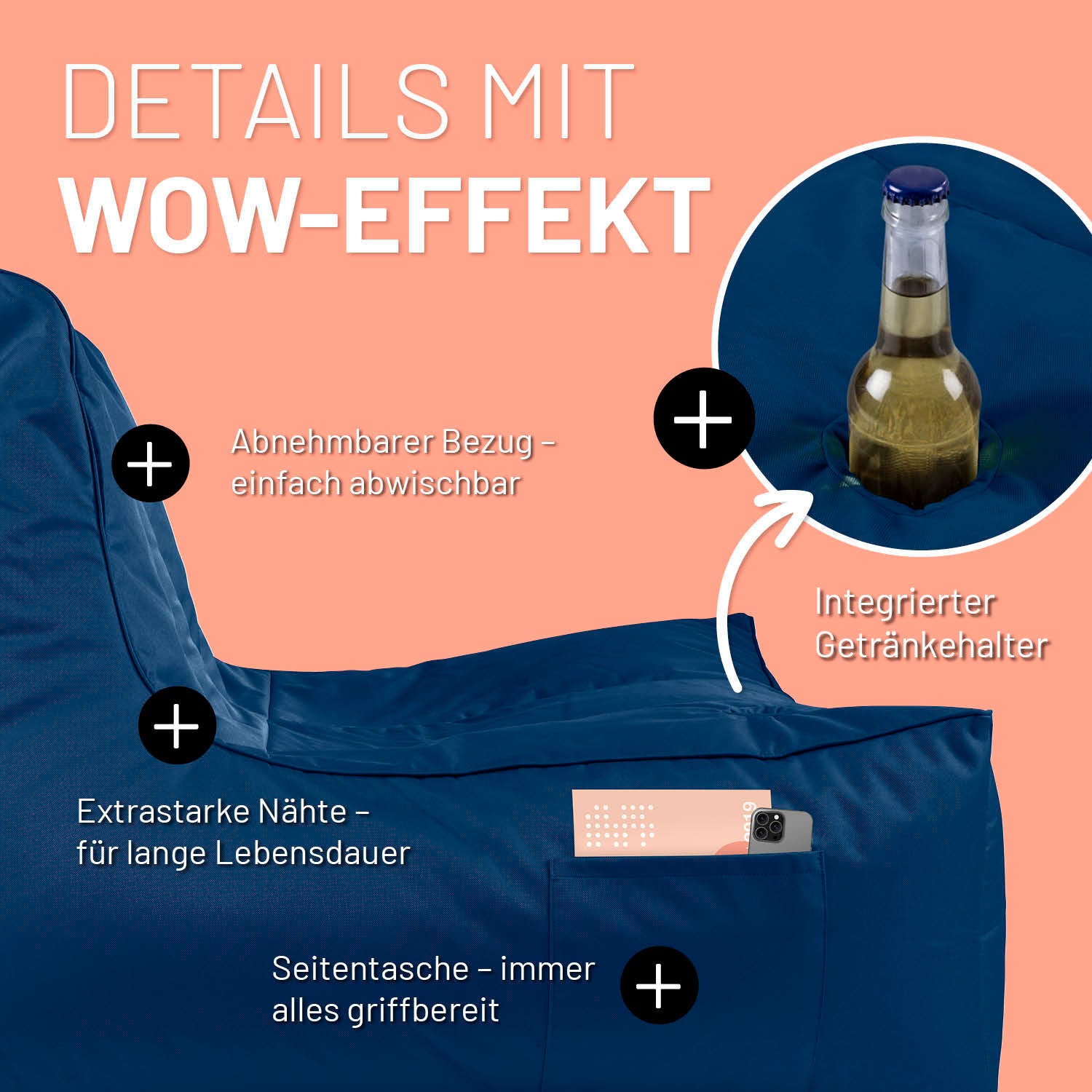 Premium Lounge-Sessel - 380 L - 100 x 100 x 80 cm - Navyblau