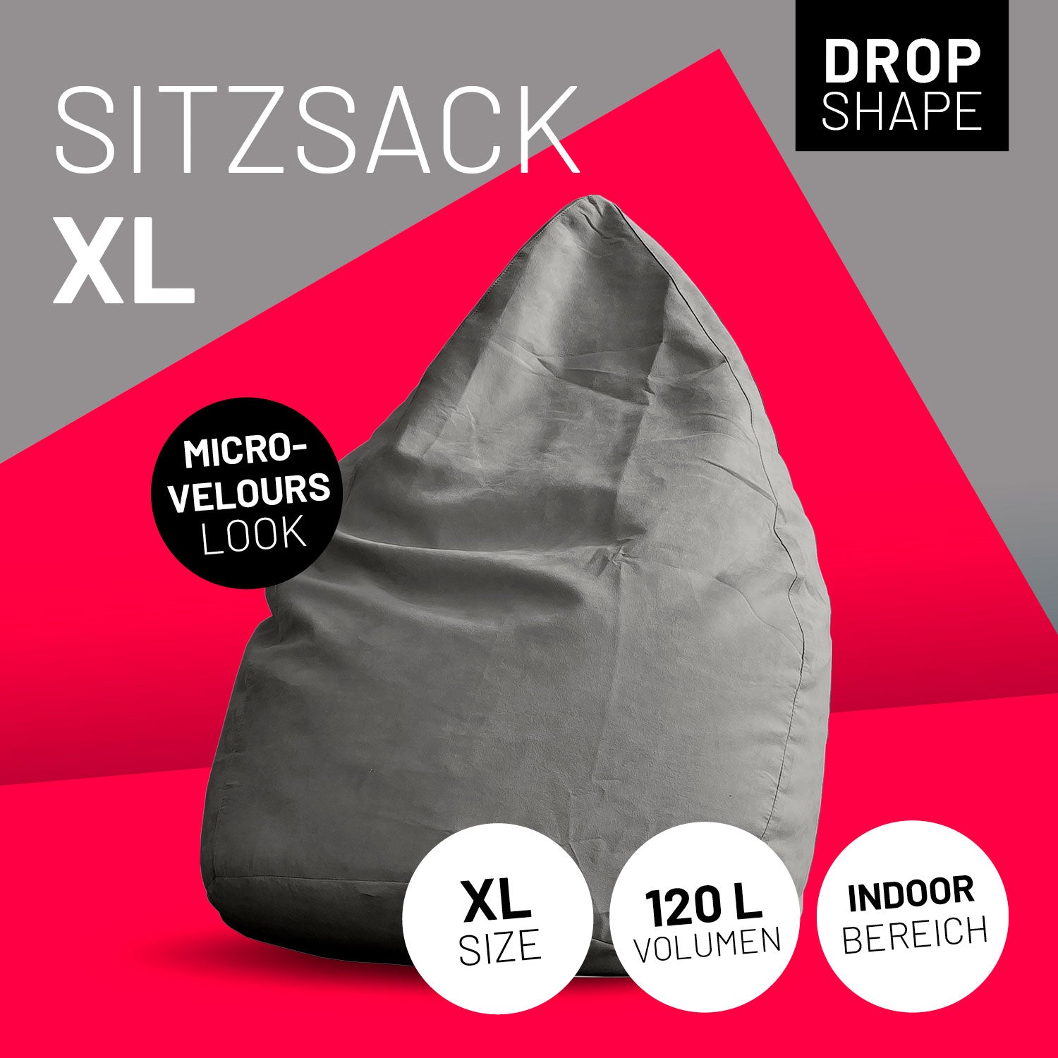 Luxury XL Sitzsack (120 L) - indoor - Grau im Micro-Velours Look, moderne Sitzgelegenheit für Wohnräume mit 120l Füllung, XL Größe.