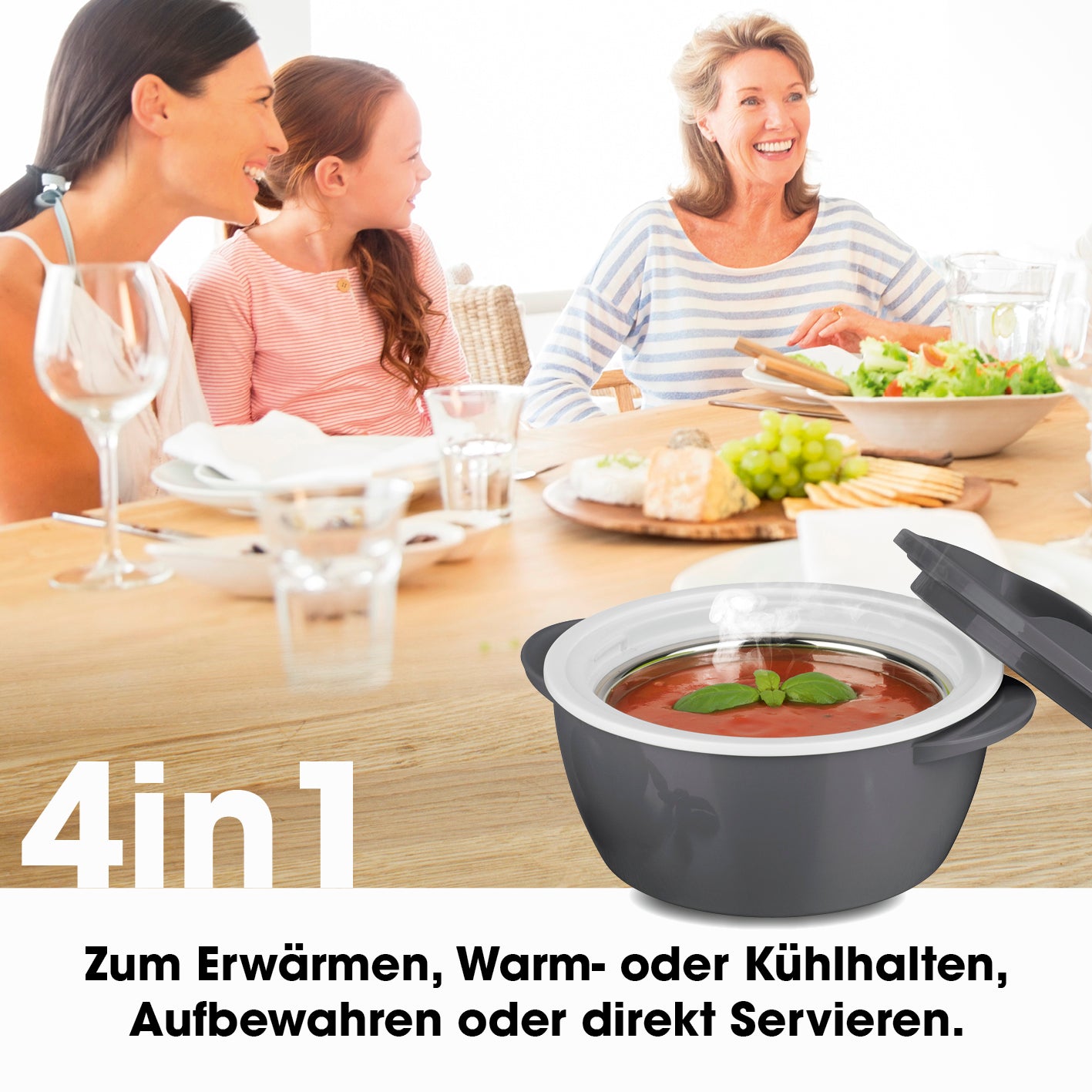 Thermo-Schüssel Mikrowelle - 450 ml grau/weiß mit Edelstahleinsatz, Wärme- und Kältefunktion, Drehverschluss-Deckel, doppelwandig.