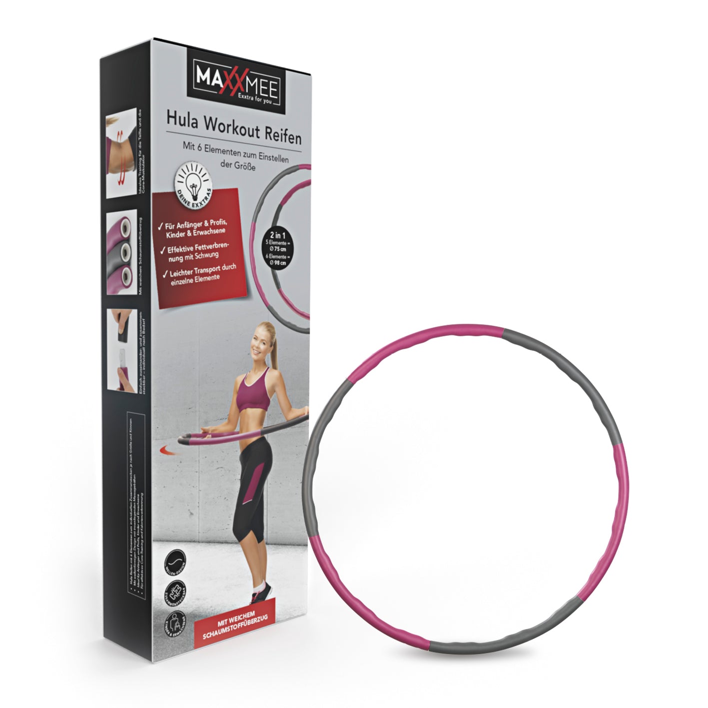 Hula Hoop Reifen verstellbar - 100 cm - lila mit 6 Elementen, wellenförmigem Design und innenliegenden Massagebällen für effektives Training.