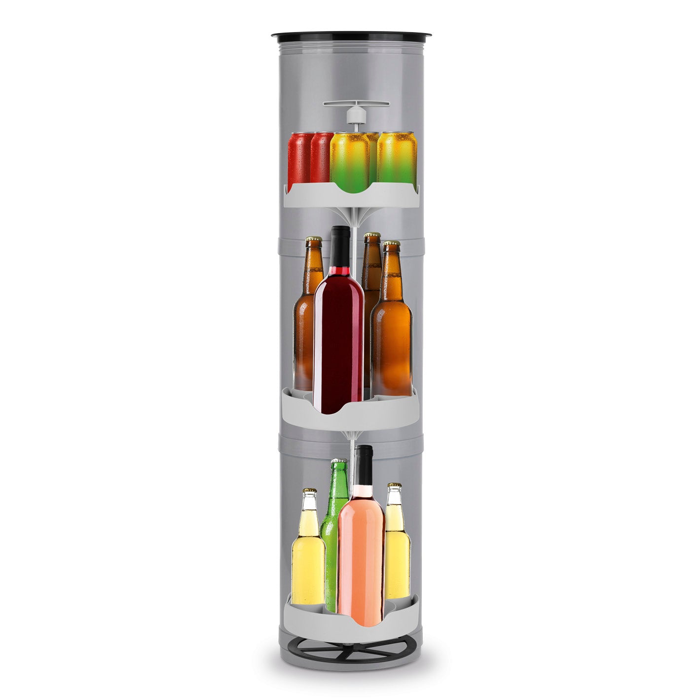 Outdoor-Flaschenkühler mit 3 Stellflächen für bis zu 13 Flaschen und Dosen, stromlos und witterungsbeständig, ideal für draußen.