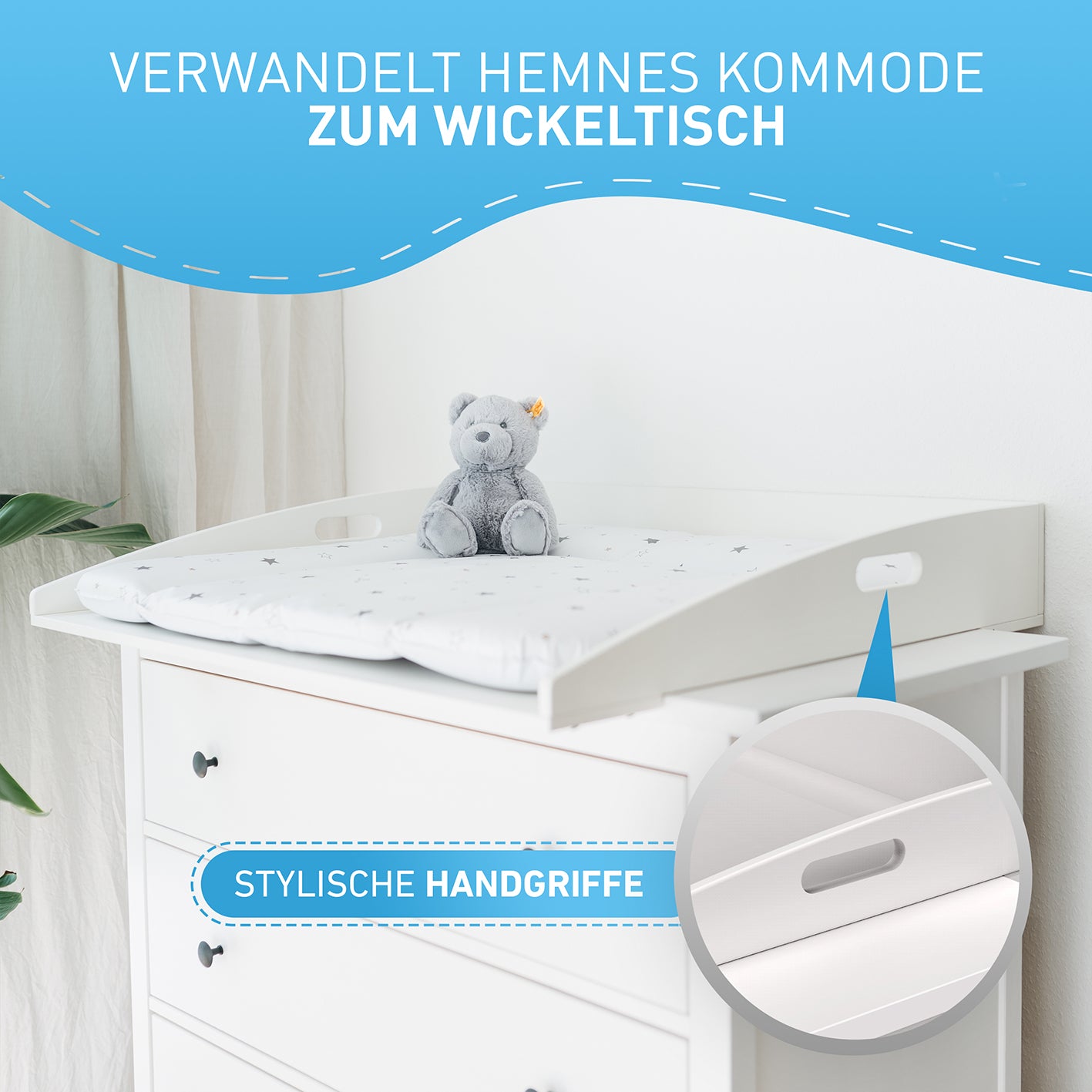 Wickelaufsatz HappyBaby Weiß 85x75x13 cm passend für Hemnes Kommode, stilvolles Design, einfache Montage, sichere Doppel-Befestigung.
