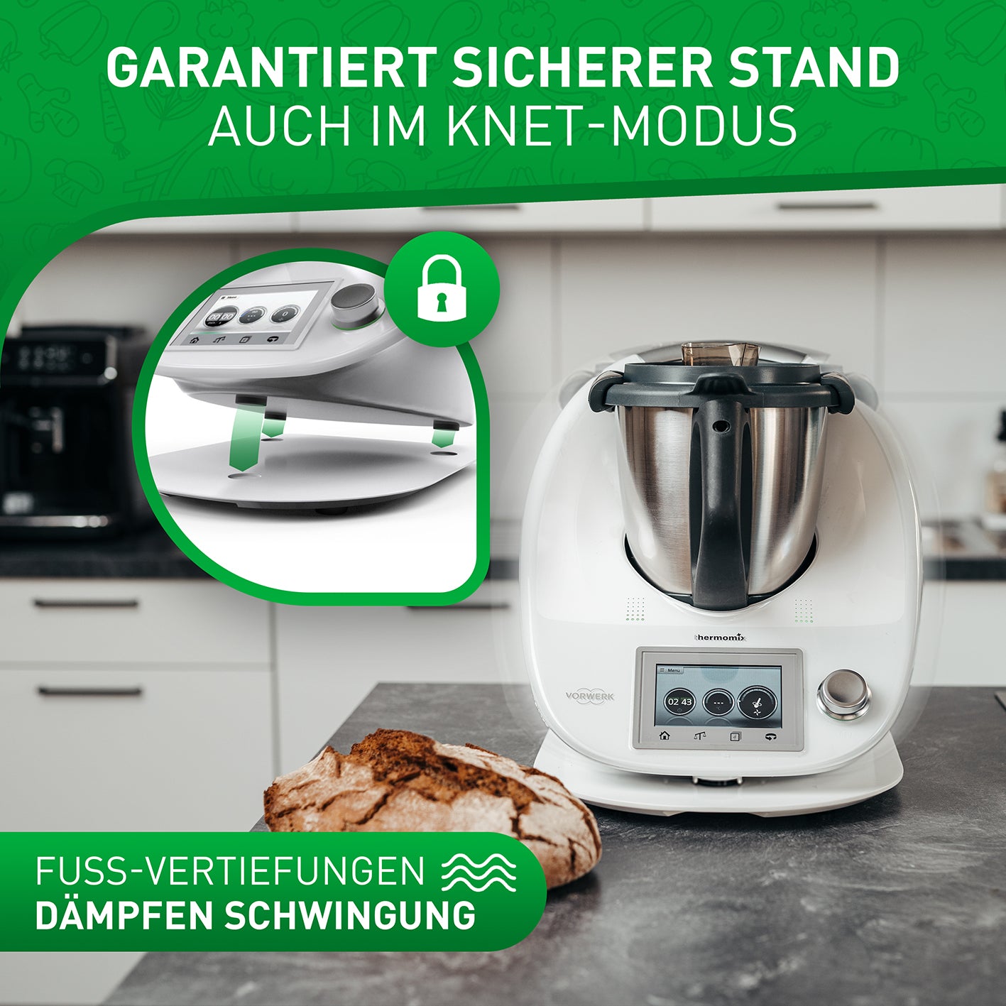 Gleitbrett für Thermomix mit Fuß-Vertiefungen für sicheren Stand und Dämpfung von Schwingungen auch im Knet-Modus.