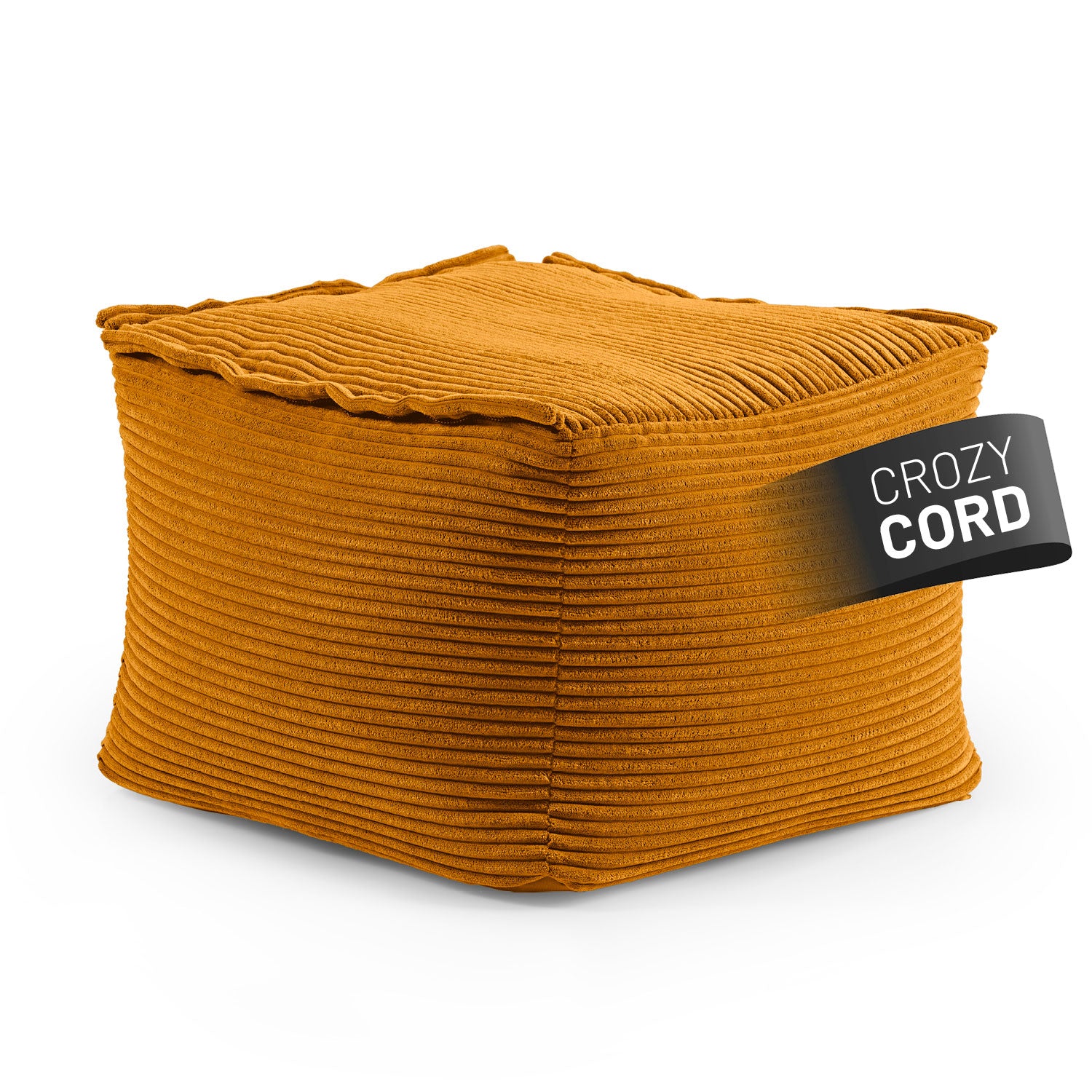 Modularer Sitzsack-Hocker aus der Cord-Reihe in Senfgelb, 54x54x40 cm, mit robustem Boden und waschbarem Bezug.