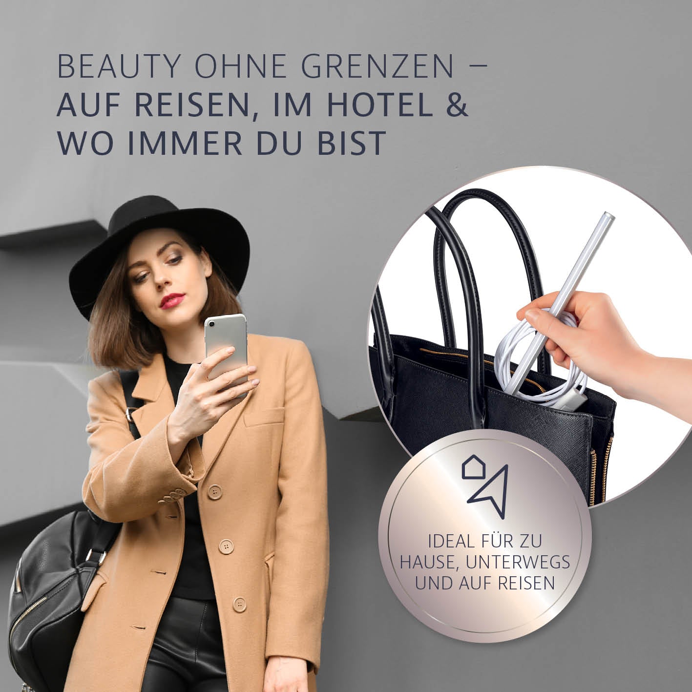 LED-Spiegelleuchte 5-in-1 Glamour Edition mit Textilkabel, dimmbar, ideal für zu Hause, unterwegs und auf Reisen.