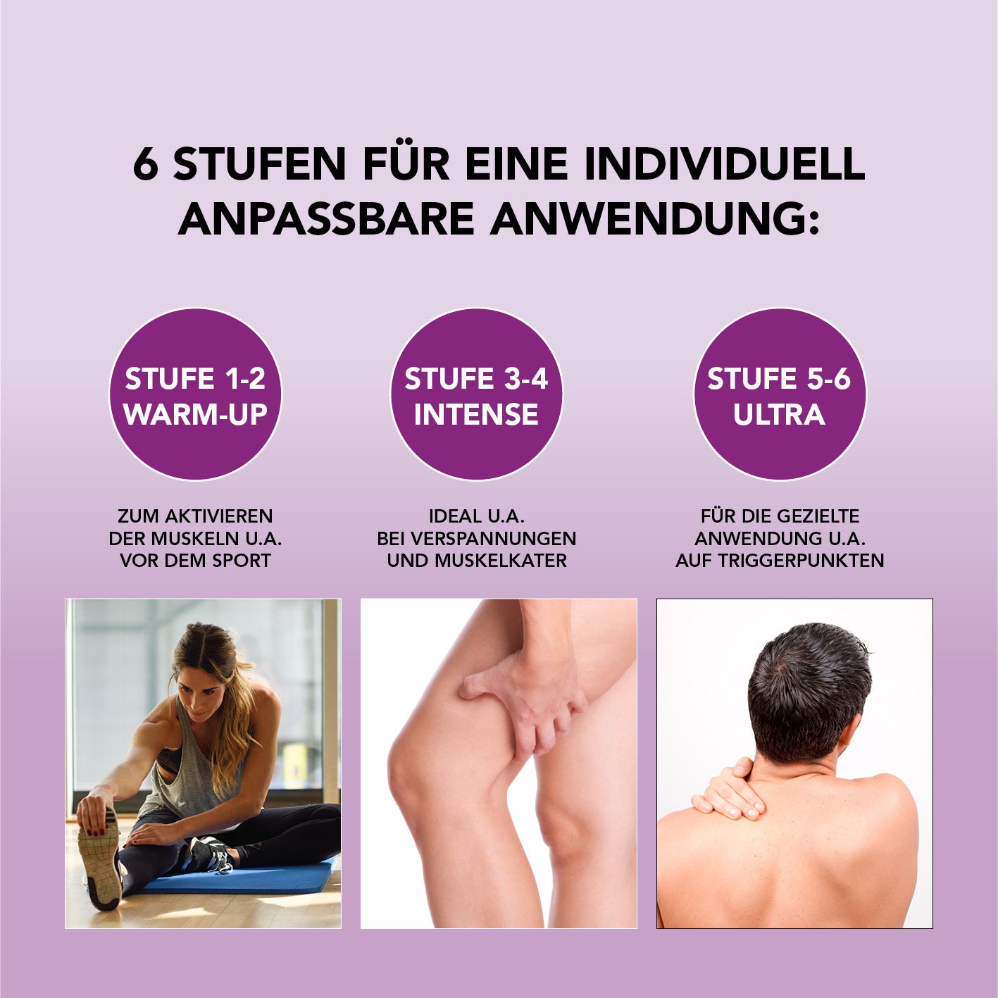 Massage Gun - 4 verschiedene Aufsätze - schwarz mit 6 Stufen für individuelle Anwendung bei Muskelaktivierung und Verspannungen.