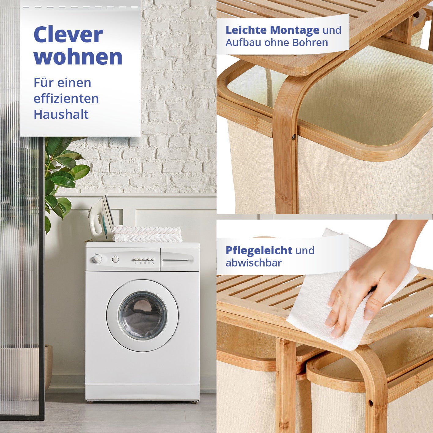 Bambus Wäschekorb - 1 XL Fach + 2 Kompaktfächer - 49,5 x 33 x 71 cm - Beige