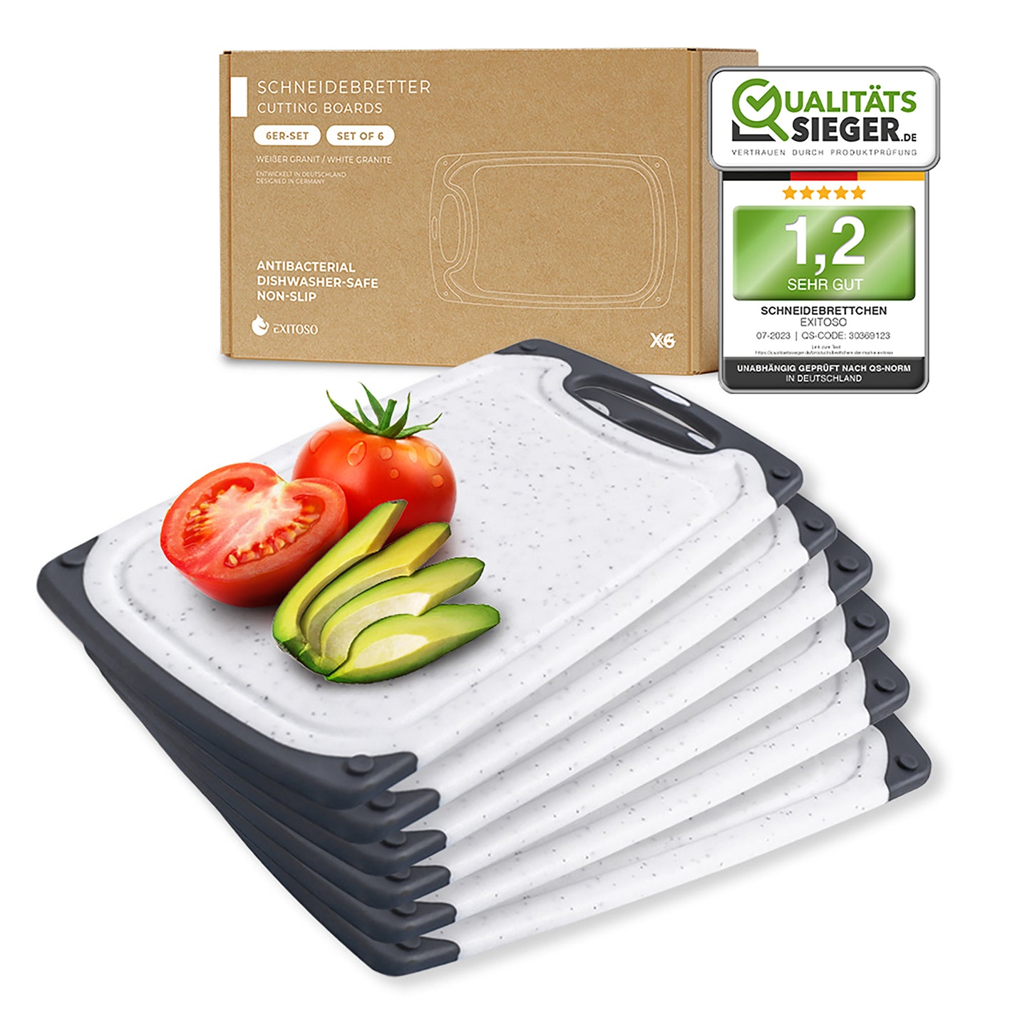 Frühstücksbrettchen - 6er-Set - Marmoroptik Weiß, rutschfest, spülmaschinengeeignet, BPA-frei, mit Griff, vielseitig für Schneiden und Servieren.