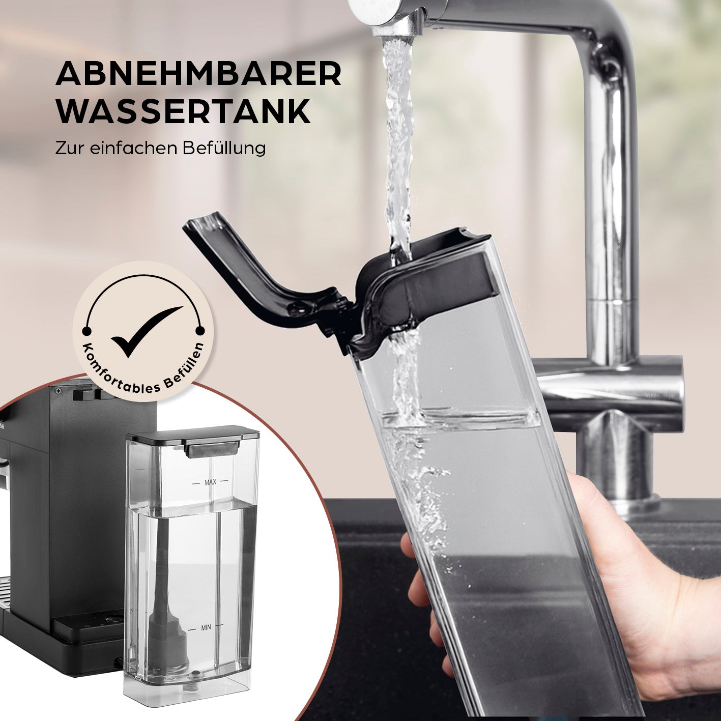 Siebträgermaschine Espresso Slim - 20 bar mit abnehmbarem Wassertank für einfache Befüllung und Reinigung im Haushaltsspressobereich.