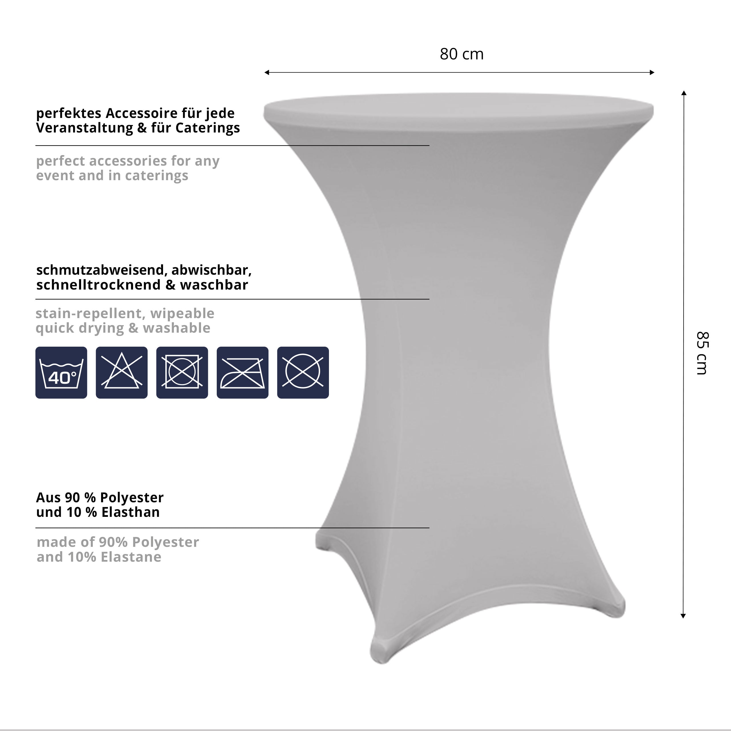 Stehtischhusse Ø 80-85 cm silbergrau, 2er-Set, schmutzabweisend, abwischbar, schnelltrocknend, waschbar, perfekte Passform aus Polyester und Elasthan.