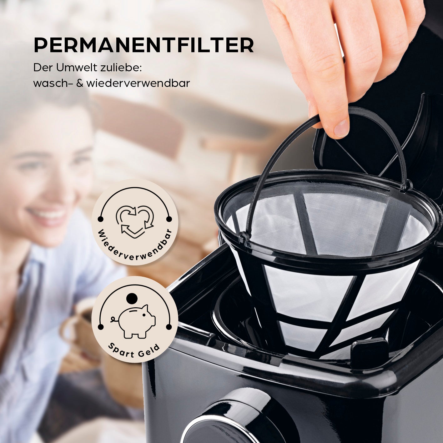 Filterkaffeemaschine Touch mit waschbarem Permanentfilter für nachhaltigen Kaffeegenuss und einfache Reinigung.