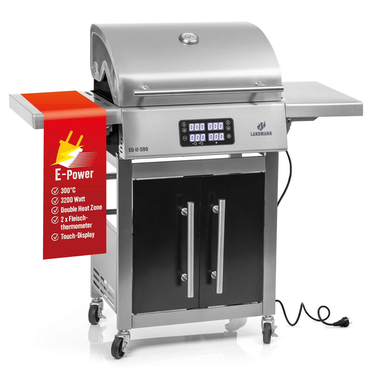 VOLTRIS Elektro-Grillwagen - Edelstahl mit 2 Grillzonen, Touch-Display, Fleischthermometern und großen emaillierten Gusseisenrosten.