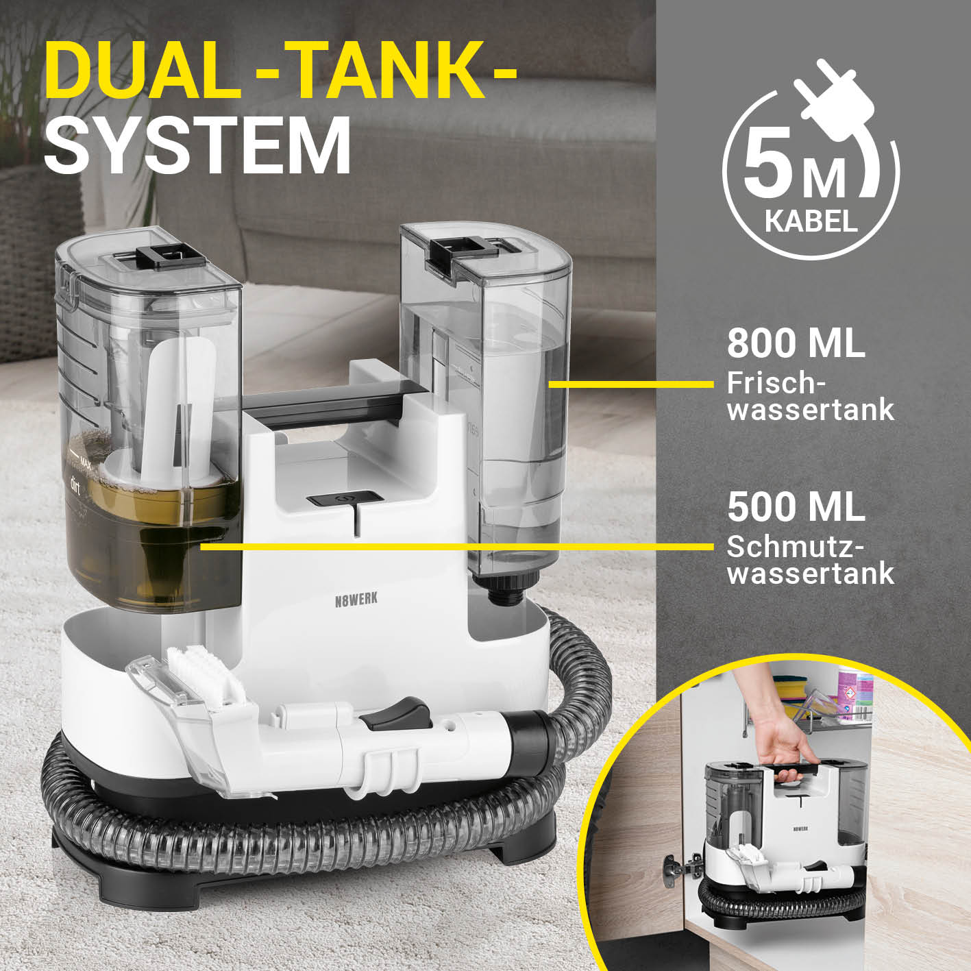 Polster- & Teppichreiniger mit Dual-Tank-System, 800 ml Frischwasser und 500 ml Schmutzwassertank, 5 m Kabel für flexible Reinigung.