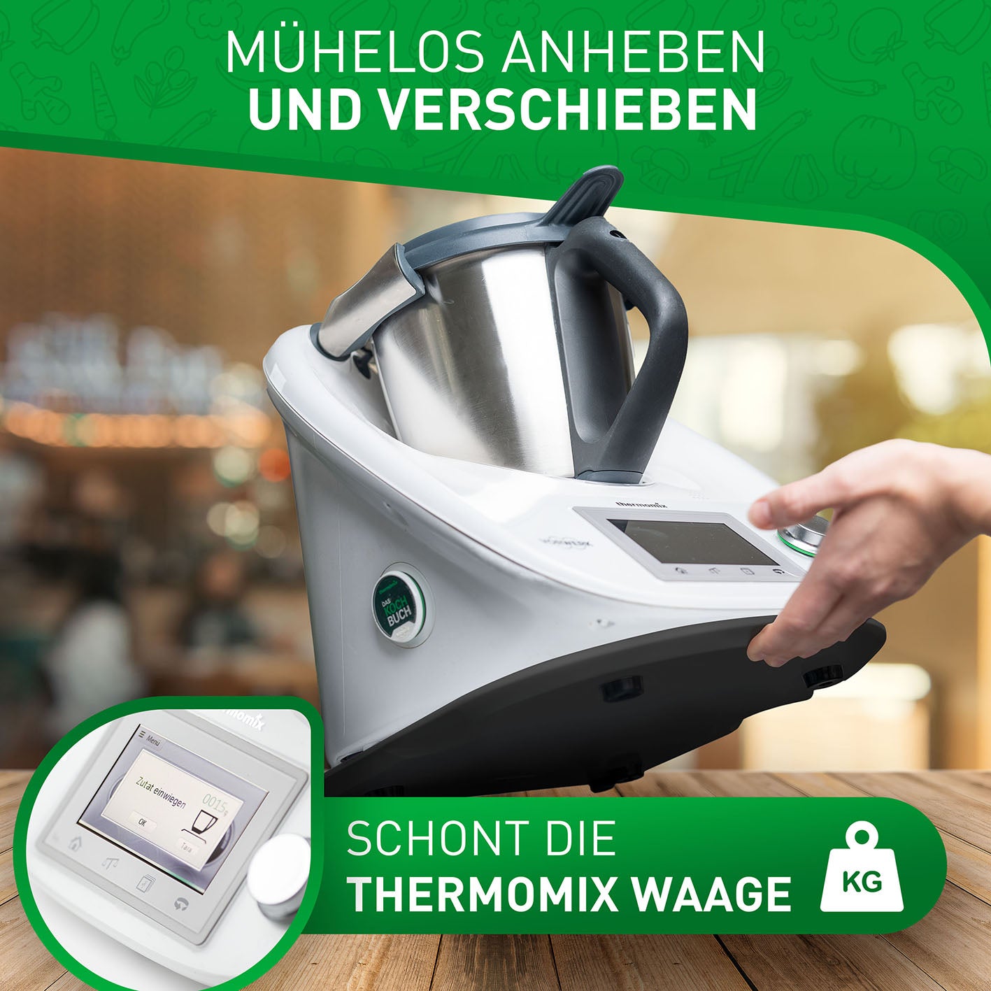 Gleitbrett für Thermomix - Schwarz aus robustem Mineral-Acrylstein, erleichtert das Anheben und Verschieben des TM5/TM6 mühelos.