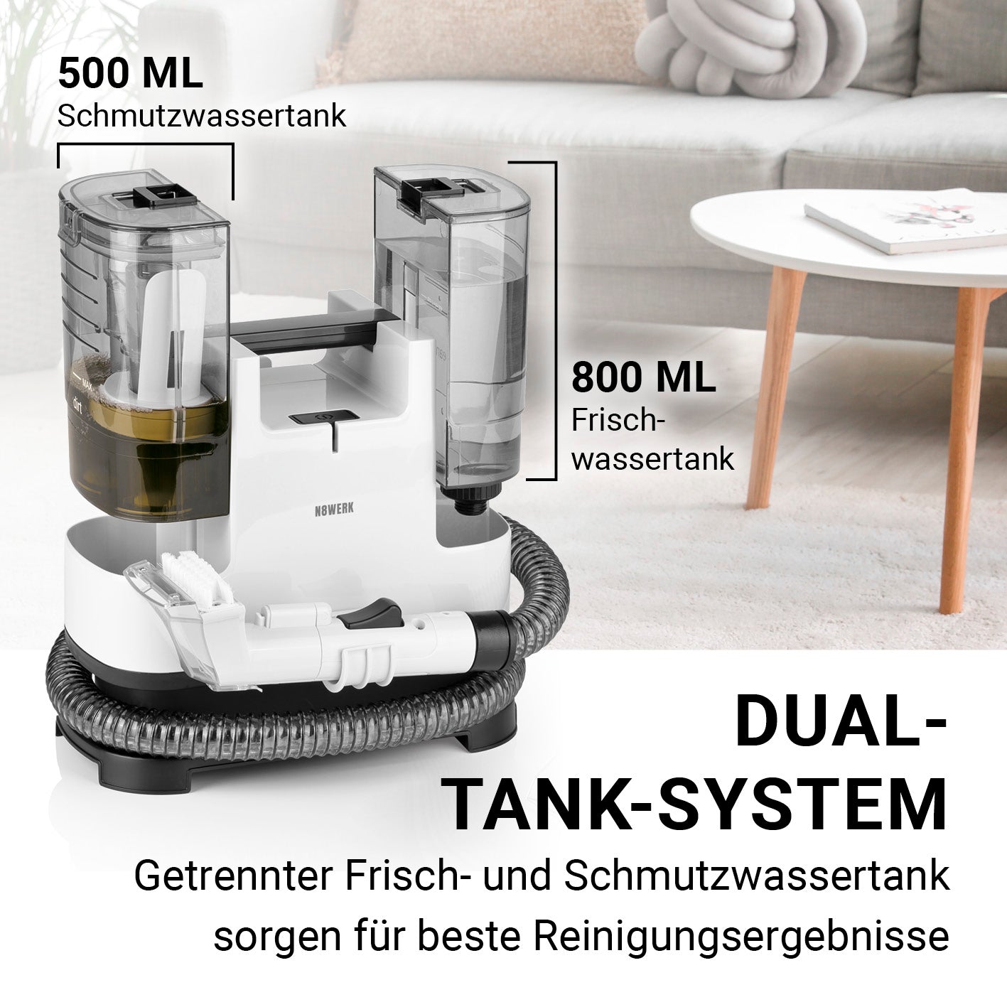 Waschsauger Portable Clean mit 2-Tank-System für getrennte Frisch- und Schmutzwasserbehälter für gründliche Reinigung.