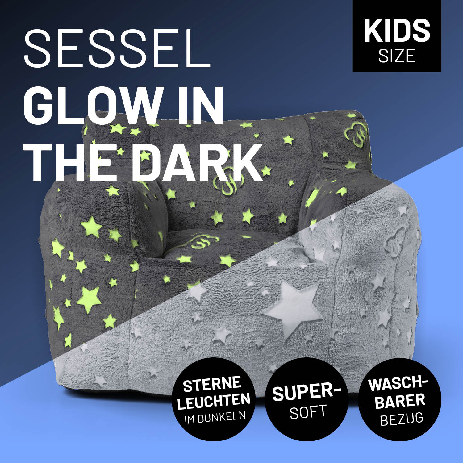 Sessel „Glow in the Dark“ - Grau mit leuchtenden Sternen, weichem Material und praktischem waschbarem Bezug für Kinderzimmer.
