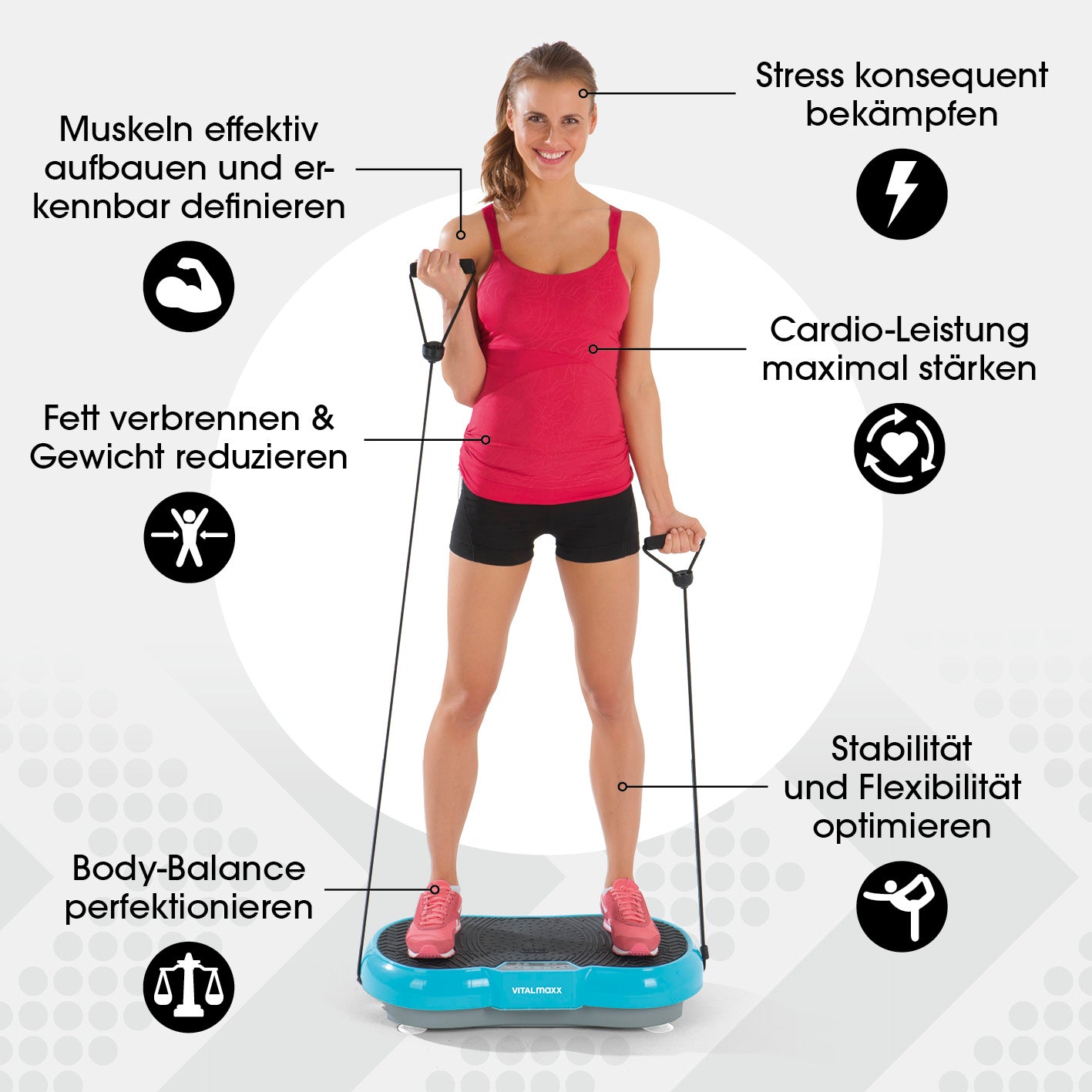 Vibrationstrainer - 4-tlg. - türkis mit 99 Vibrationsstufen, LCD-Display und rutschfester Standfläche für Ganzkörpertraining zu Hause.