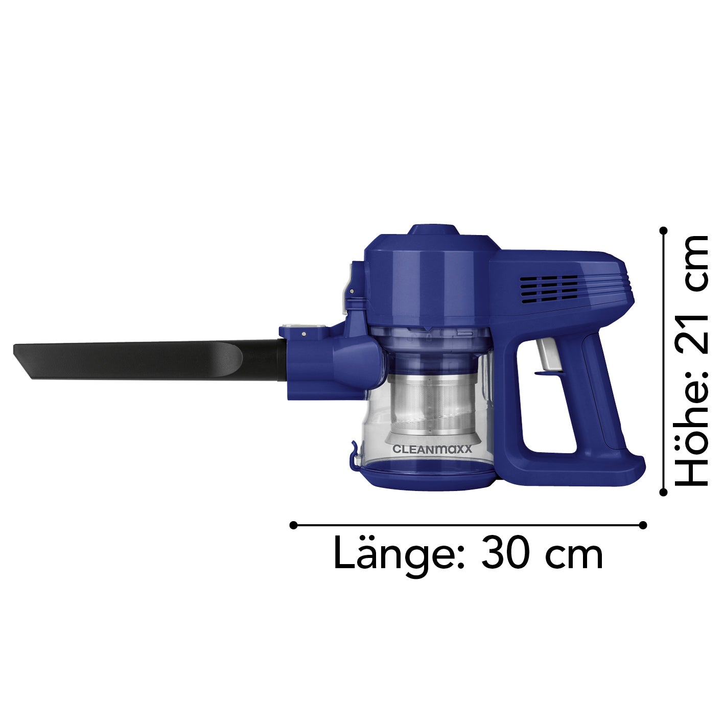 Akku-Zyklon-Staubsauger - blau/silber, kabellos, beutellose Zyklontechnologie mit Fugendüse, Maße 30x21 cm, handlich und vielseitig.