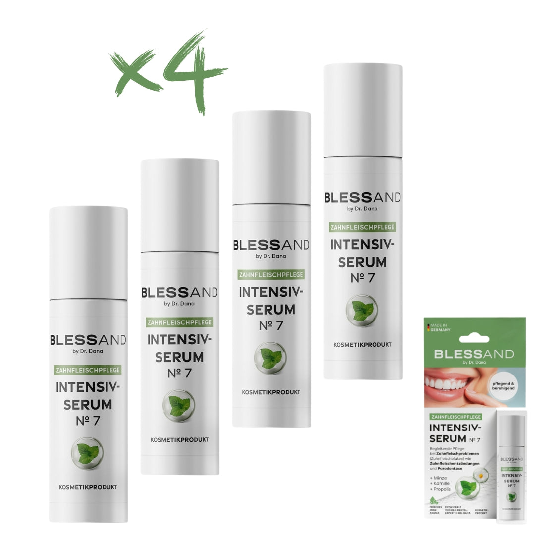 Mundpflege Nr. 7 - 4er-Set (4x 10 ml) BLESSAND Intensiv-Serum zur Pflege und Schutz von Zahnfleisch bei Parodontose und Entzündungen.