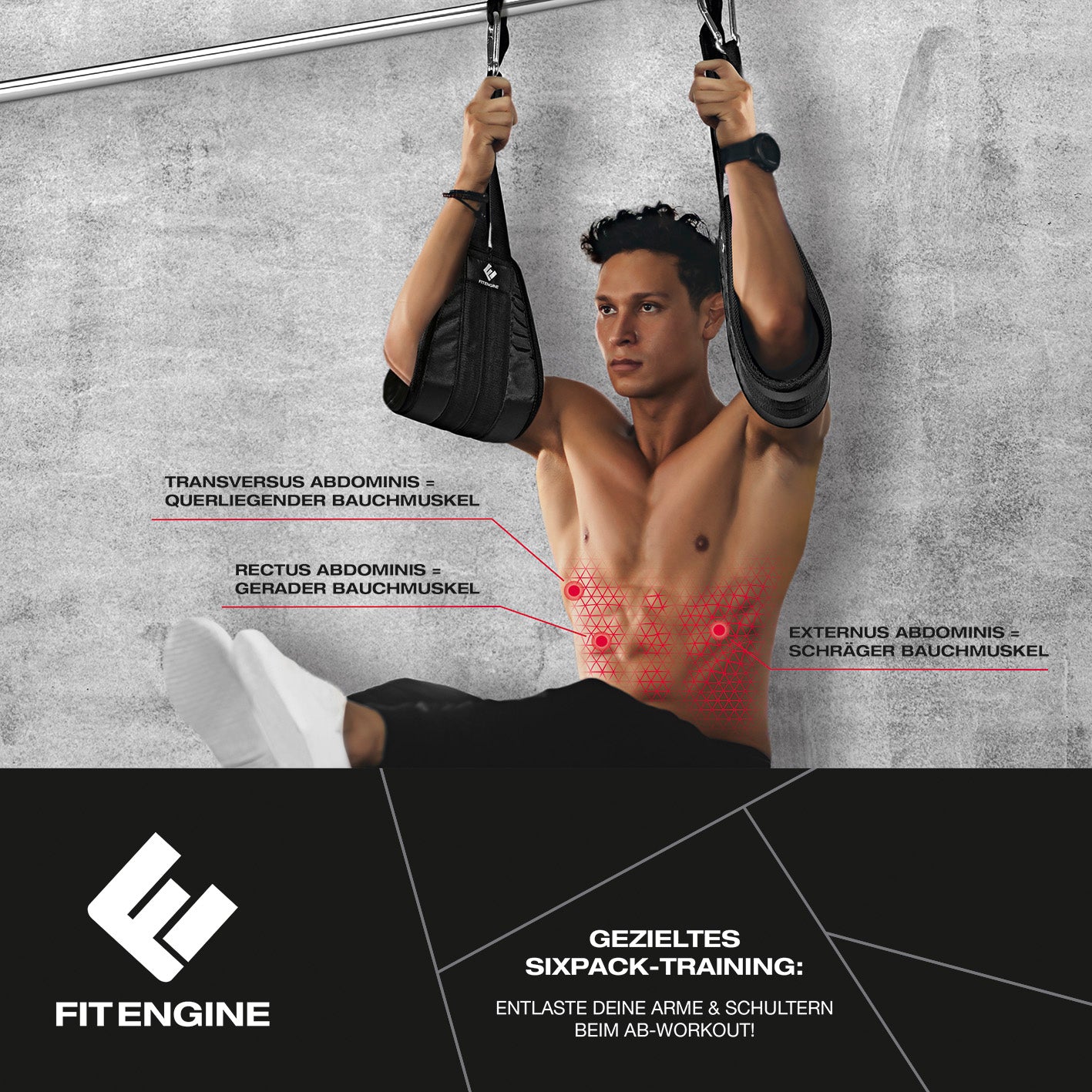 Bauchtrainingsschlaufen mit Karabinerhaken für gezieltes Sixpack-Training, entlasten Arme und Schultern, gepolstert und belastbar bis 150 kg.