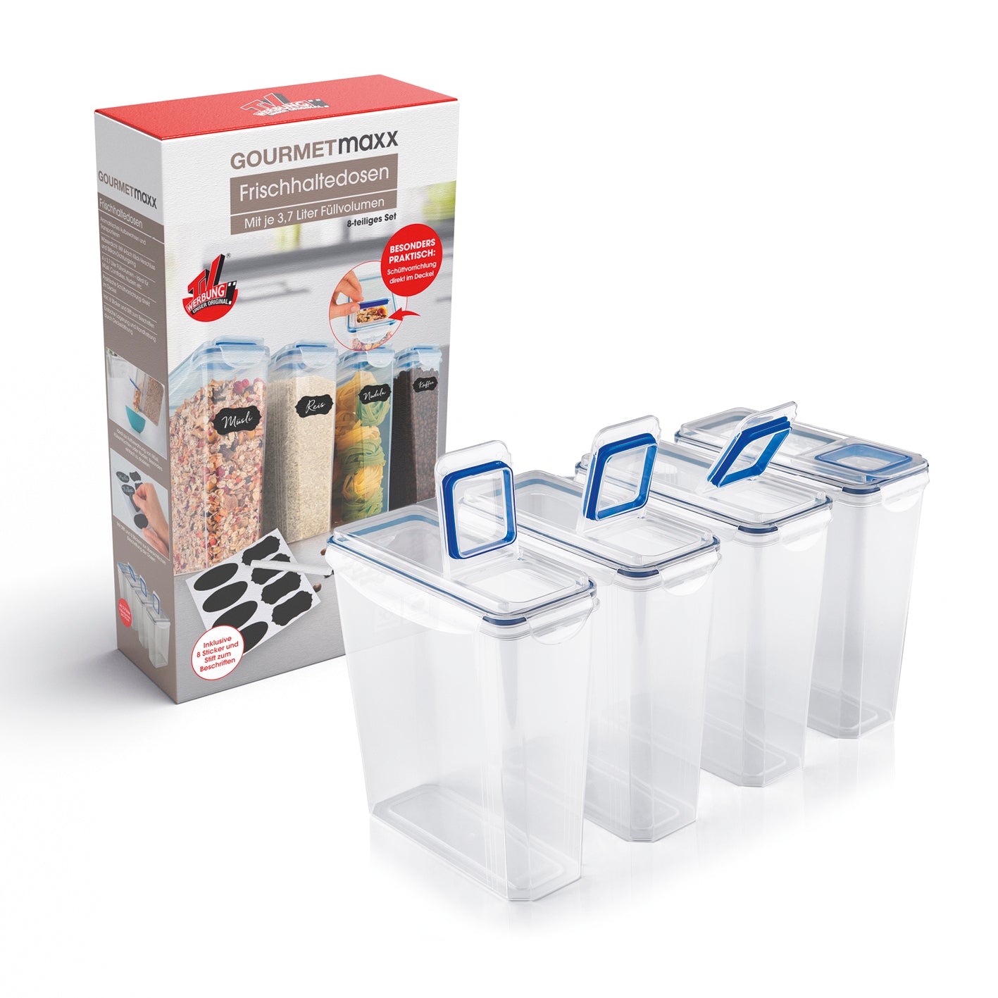 Frischhaltedosen Klick-it hoch - 8-tlg. weiß/blau mit 4-fach Klick-Verschluss, Silikon-Dichtung, 3,7 l Volumen und beschriftbaren Stickern.