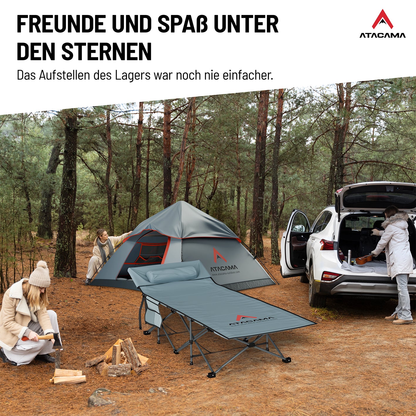 Campingbett mit Matratze - 190 x 68 x 38 cm in Waldcamping mit Zelt und Auto für entspannten Outdoor-Schlaf.