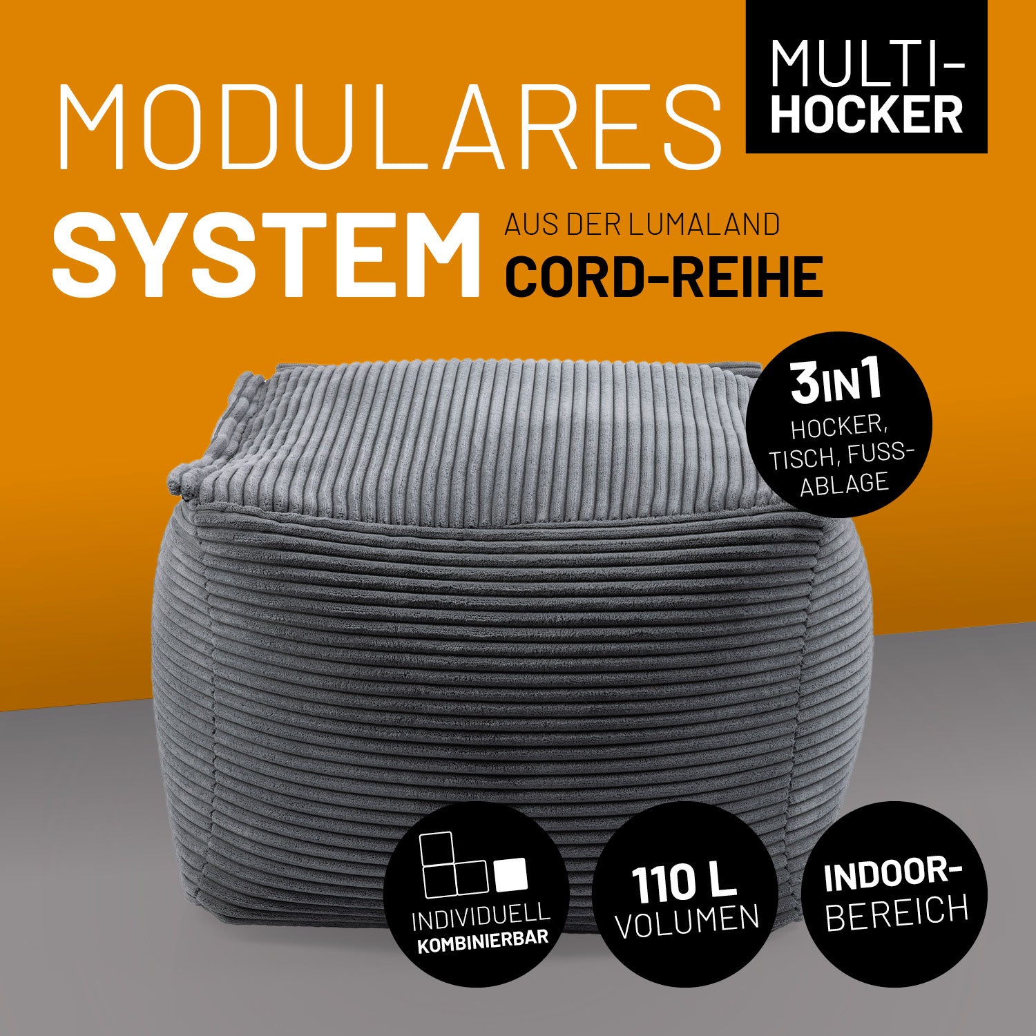 Modularer Sitzsack-Hocker aus der Cord-Reihe - Grau, 3in1 Hocker, Tisch und Fußablage, 110L Volumen, indoor, individuell kombinierbar.