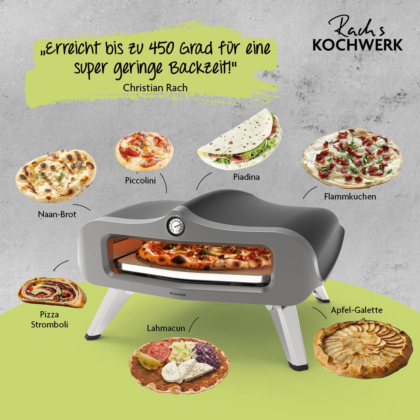 Gas-Pizzaofen für Pizzen bis zu Ø 34 cm mit Cordierit-Pizzastein, 450°C, Thermometer und kurzer Vorwärmzeit.