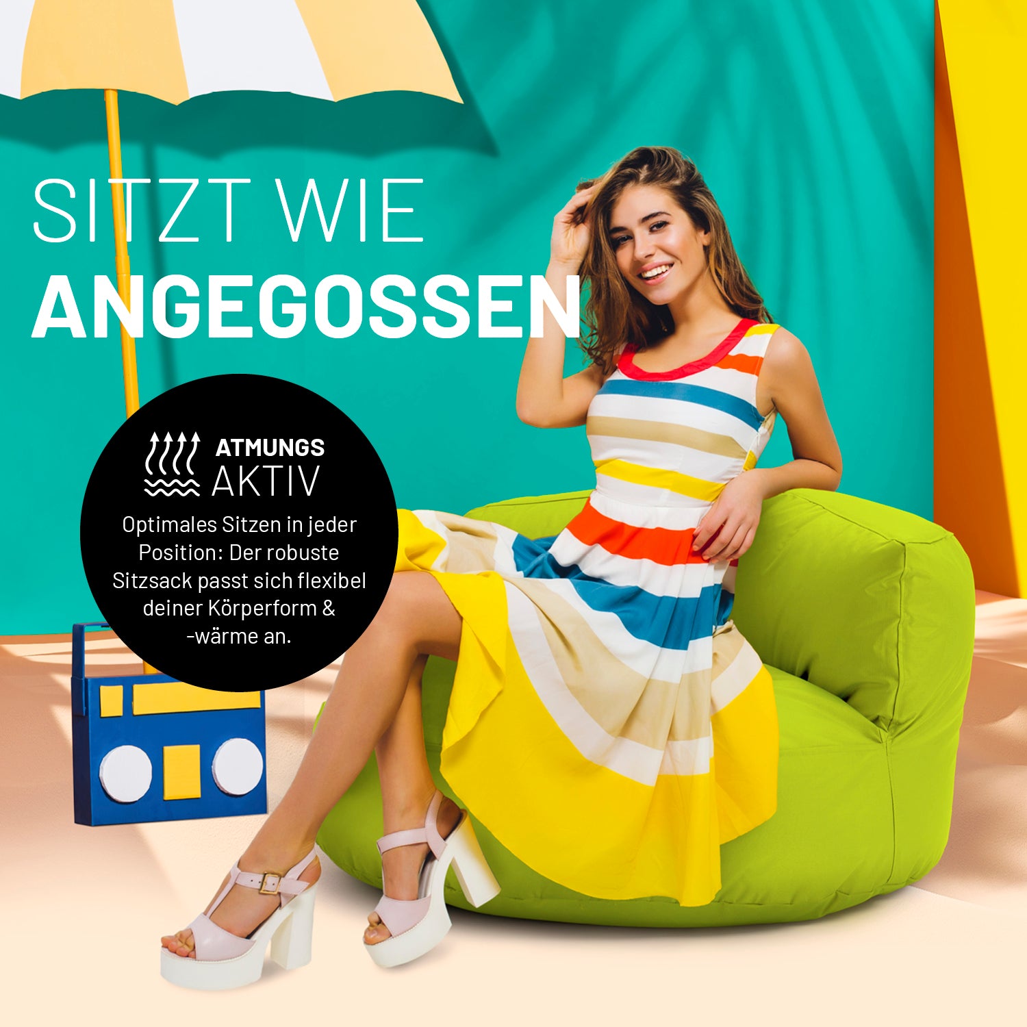 Sitzsack Lounge (320 L) Apfelgrün mit ergonomischer Form, atmungsaktiv, indoor & outdoor, leicht transportierbar und pflegeleicht.