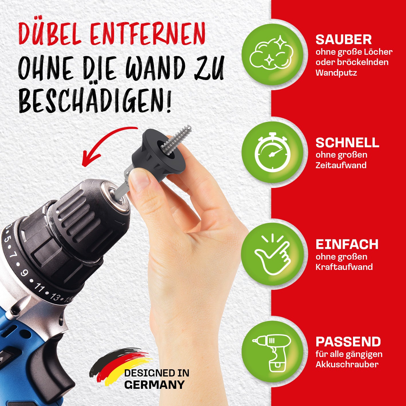 Dübelentferner inkl. Einstellschablone zum rückstandslosen, schnellen und sicheren Entfernen von Dübeln ohne Wandschäden.