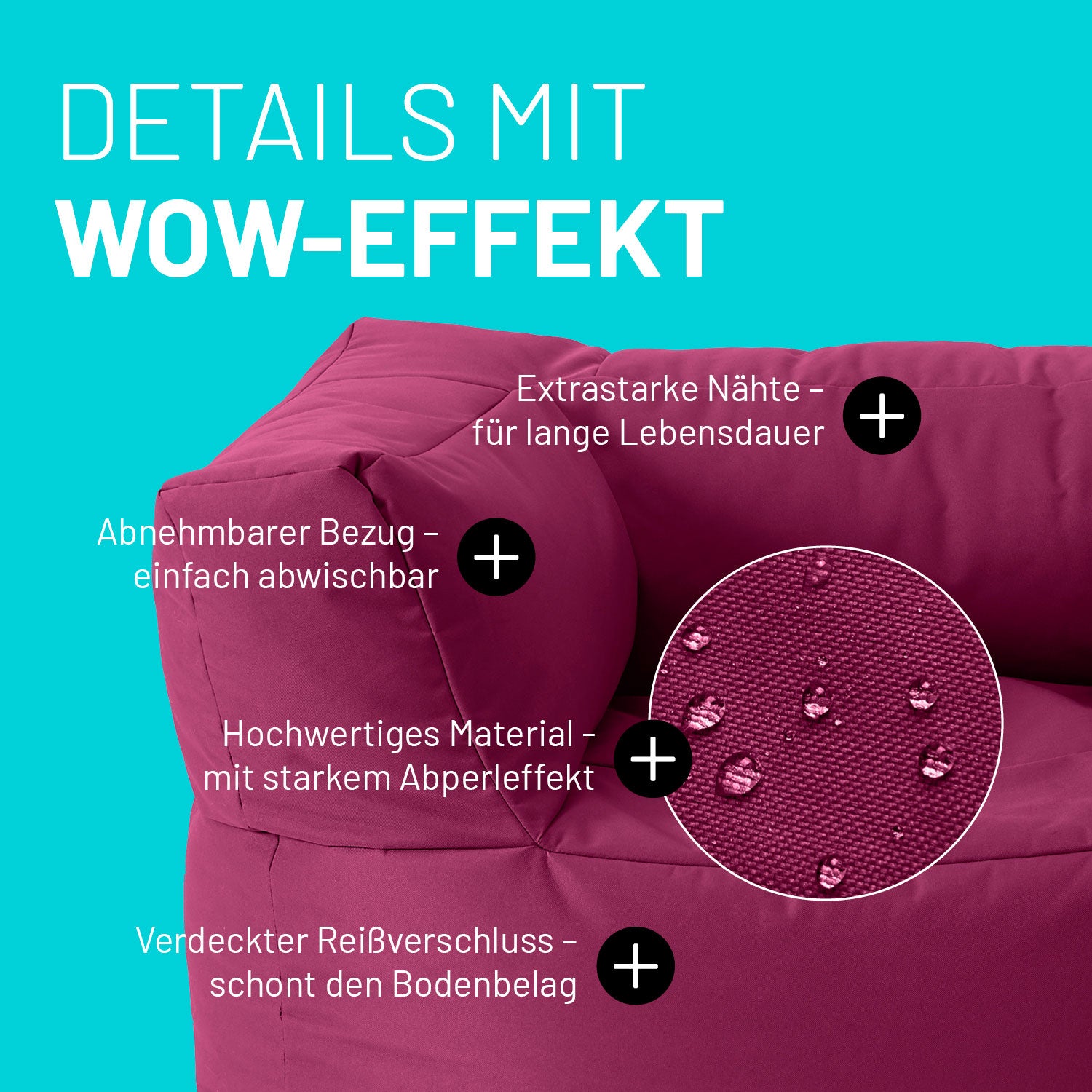 Sitzsack-Sofa Sessel (400 L) - Modulares System - indoor & outdoor - Rotwein mit abnehmbarem, abwischbarem Bezug und extrastarken Nähten.