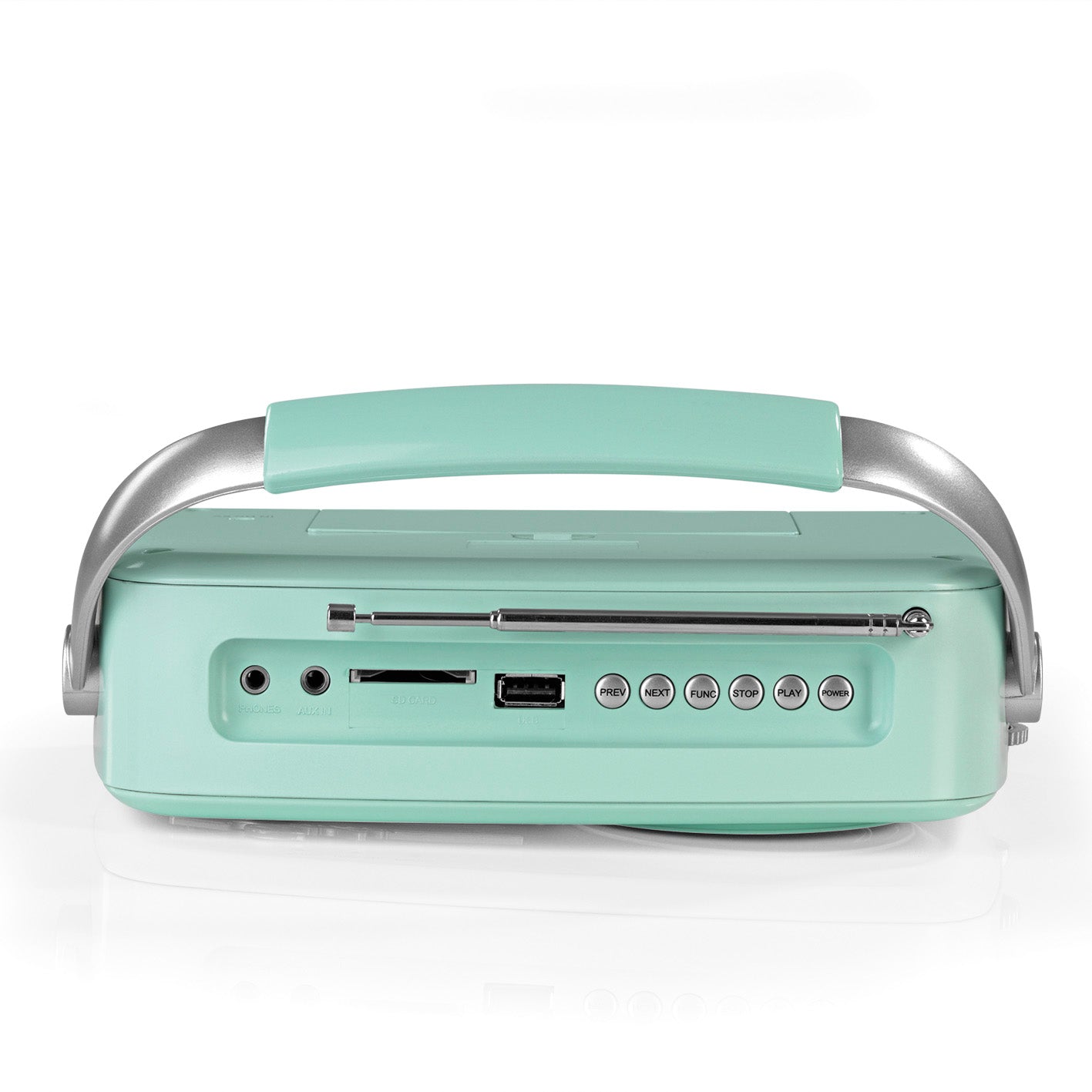 Retro-Radio - mint mit Tragegriff, Teleskopantenne, USB-Anschluss, AUX, Kopfhörer-Ausgang und SD-Karten-Slot im 50er Jahre Stil.