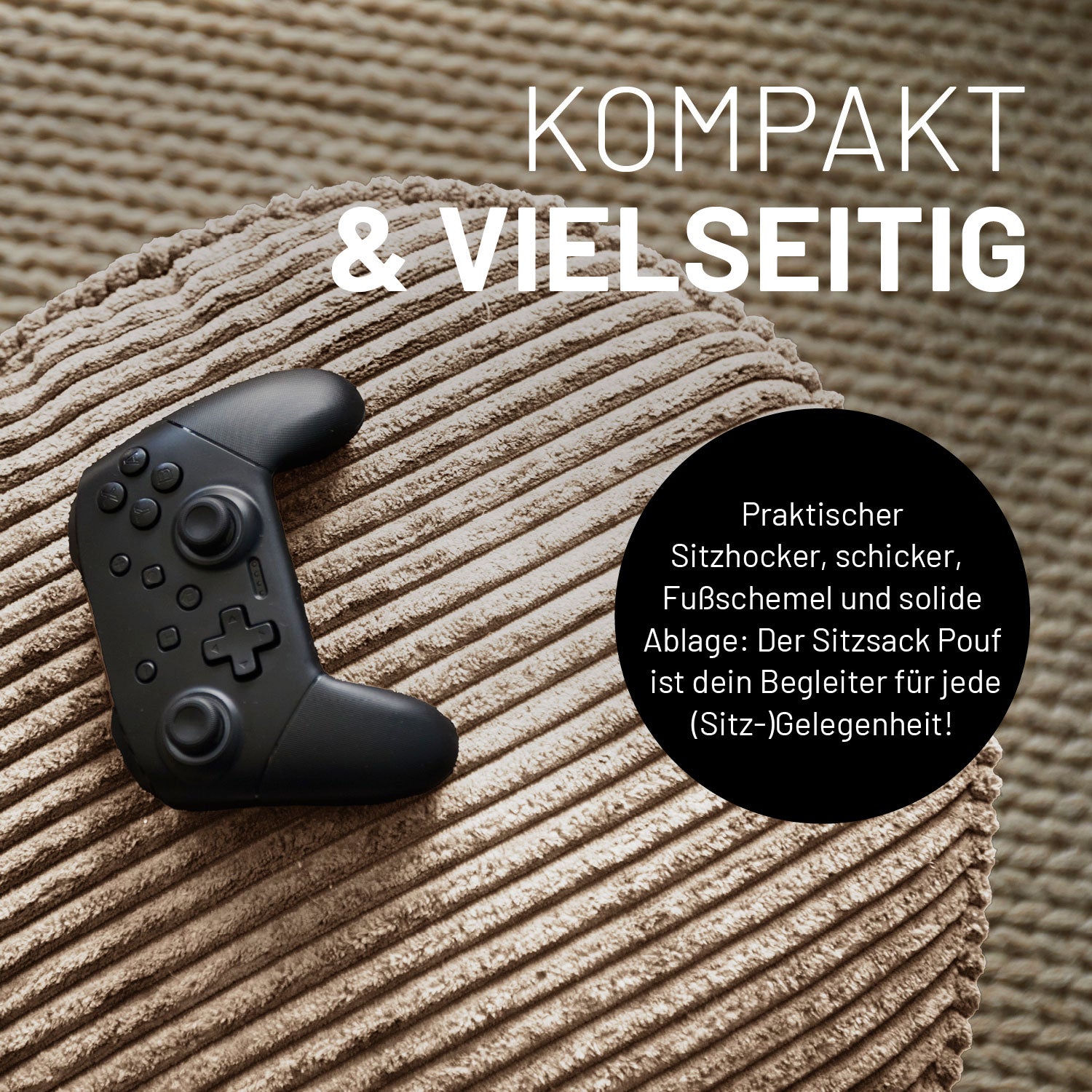 Sitzsack Pouf aus der Cord-Reihe - Beige als praktischer Hocker, Fußschemel und Ablage im stilvollen Vintage-Look.