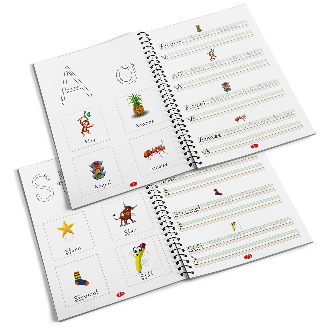 Heft Wörter mit Bleistift/Radiergummi - DIN-A4 Lernheft zum Schreiben von Wörtern mit kindgerechten Illustrationen und Rillenführungen.