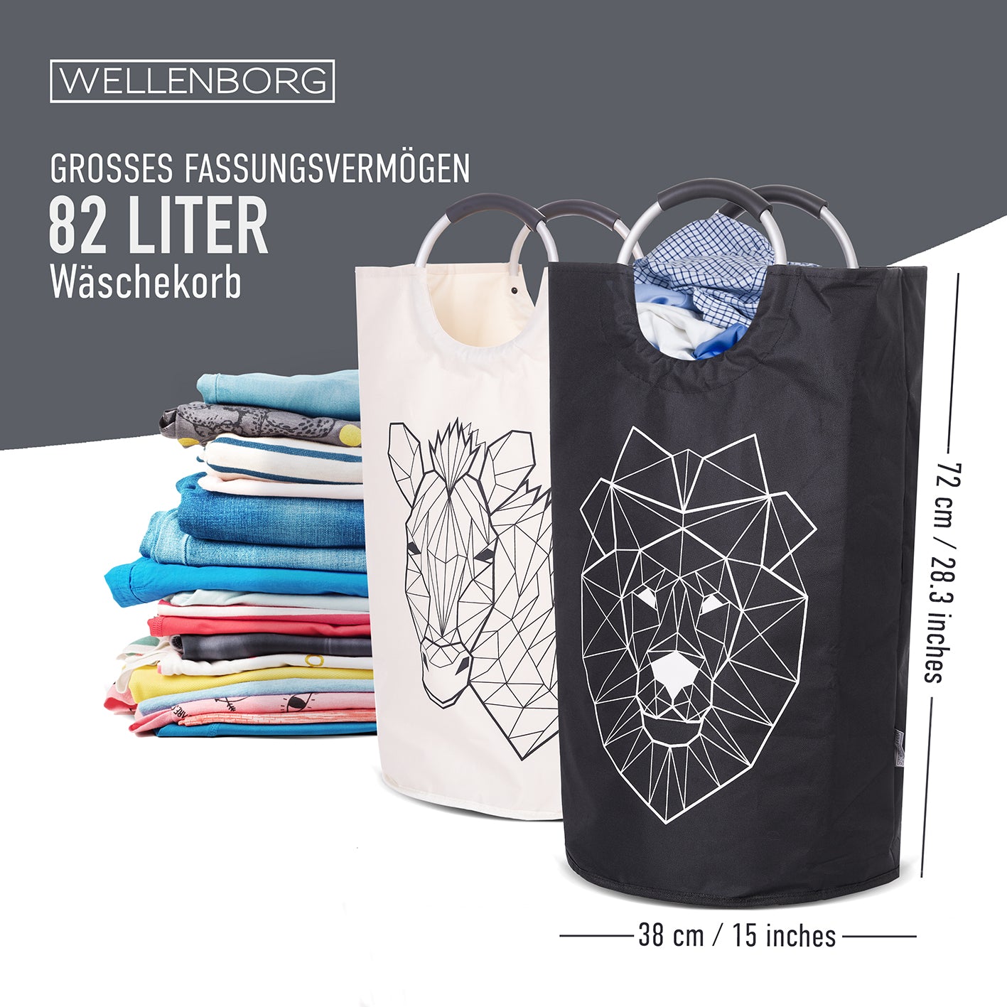 Faltbarer Wäschekorb - 2er Set - Motiv Löwe & Zebra, 82 Liter Fassungsvermögen, wasserabweisend, platzsparend und mit robusten Henkeln.