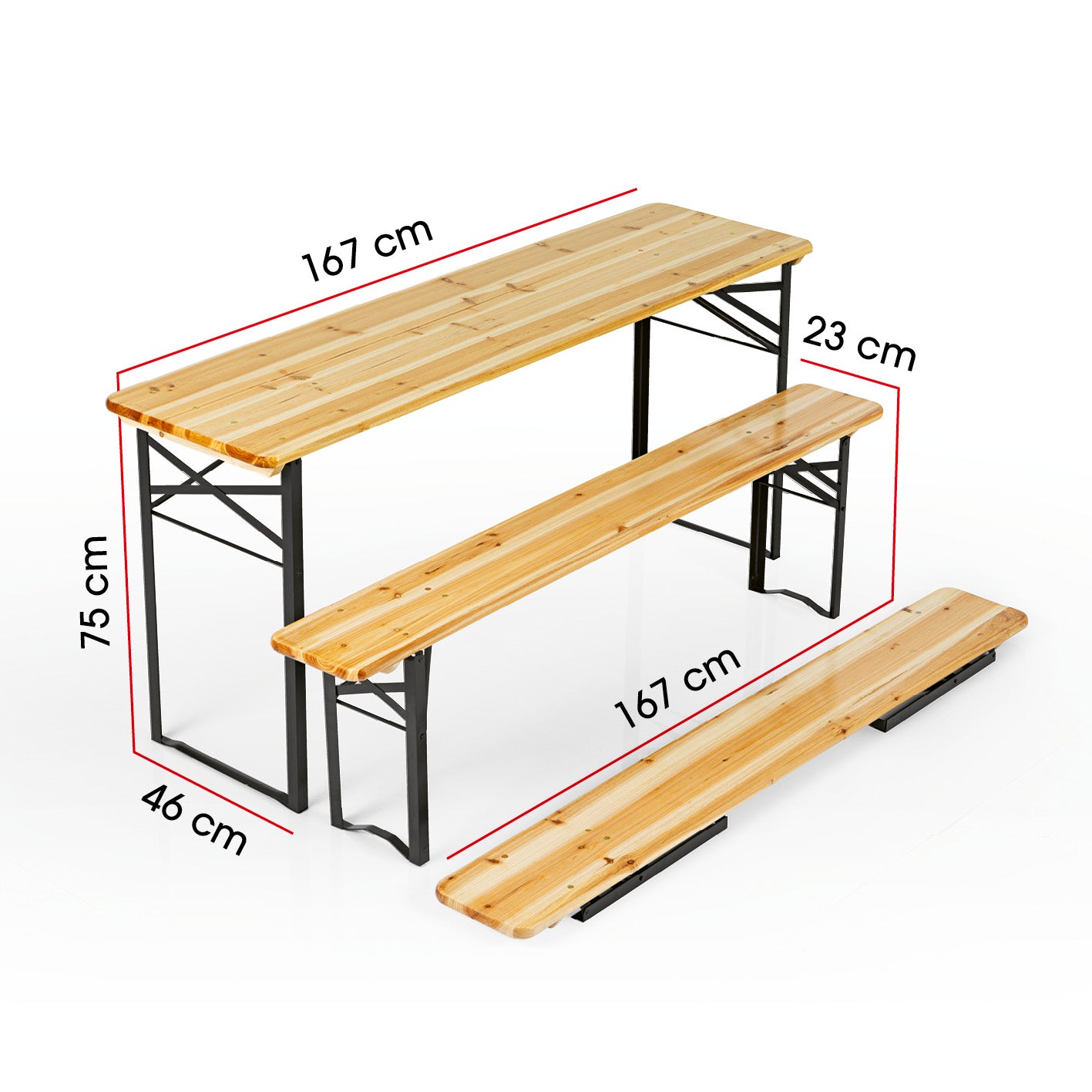 Bierzeltgarnitur Set (1 Tisch mit 2 Sitzbänken) 170 cm, Fichtenholzplatten, schwarz lackiertes Stahlgestell, wetterfest, für innen und außen.